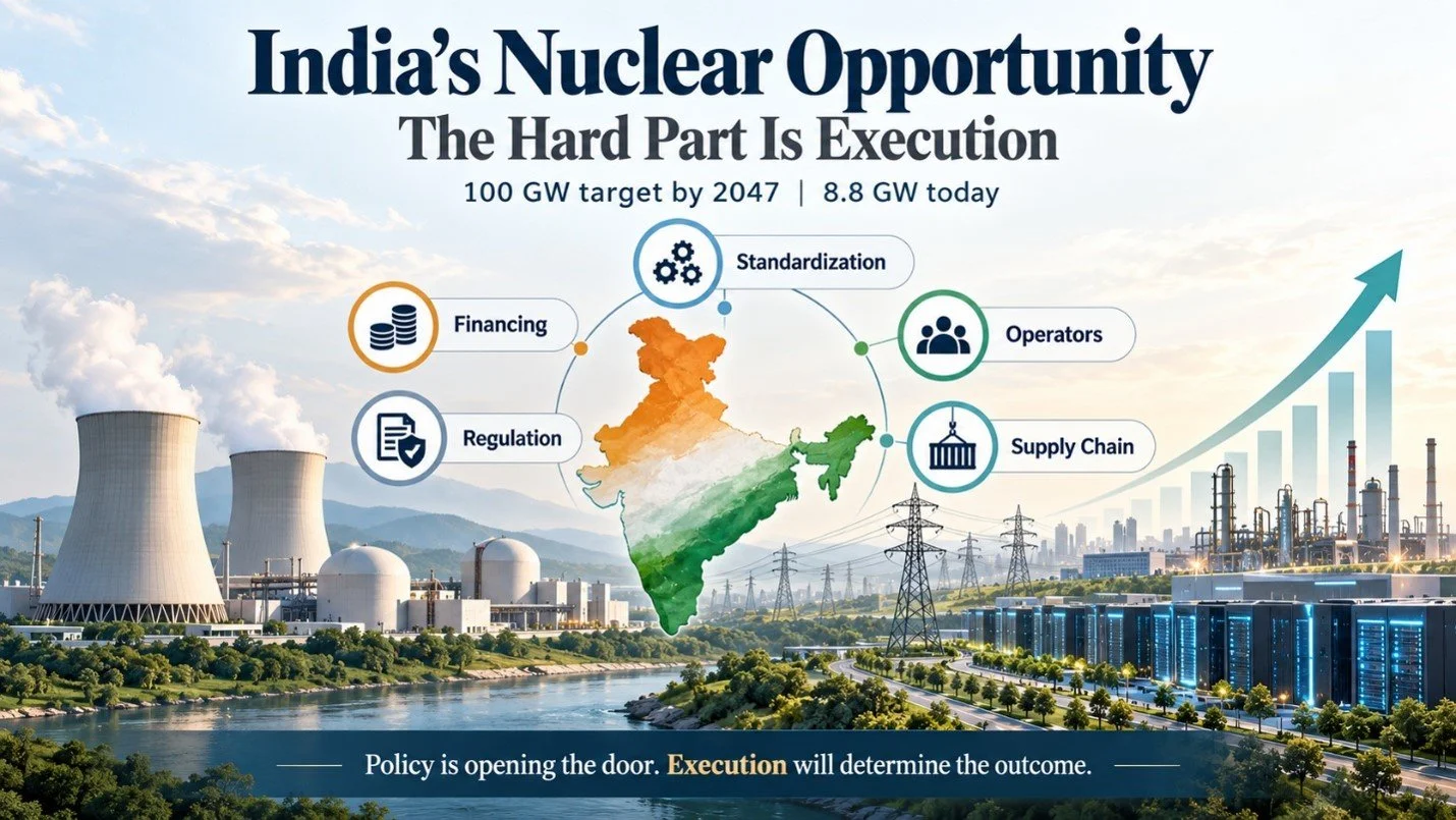 Image representing India’s nuclear power expansion toward a 100 GW target by 2047, highlighting financing, regulation, standardization, operators, and supply chain