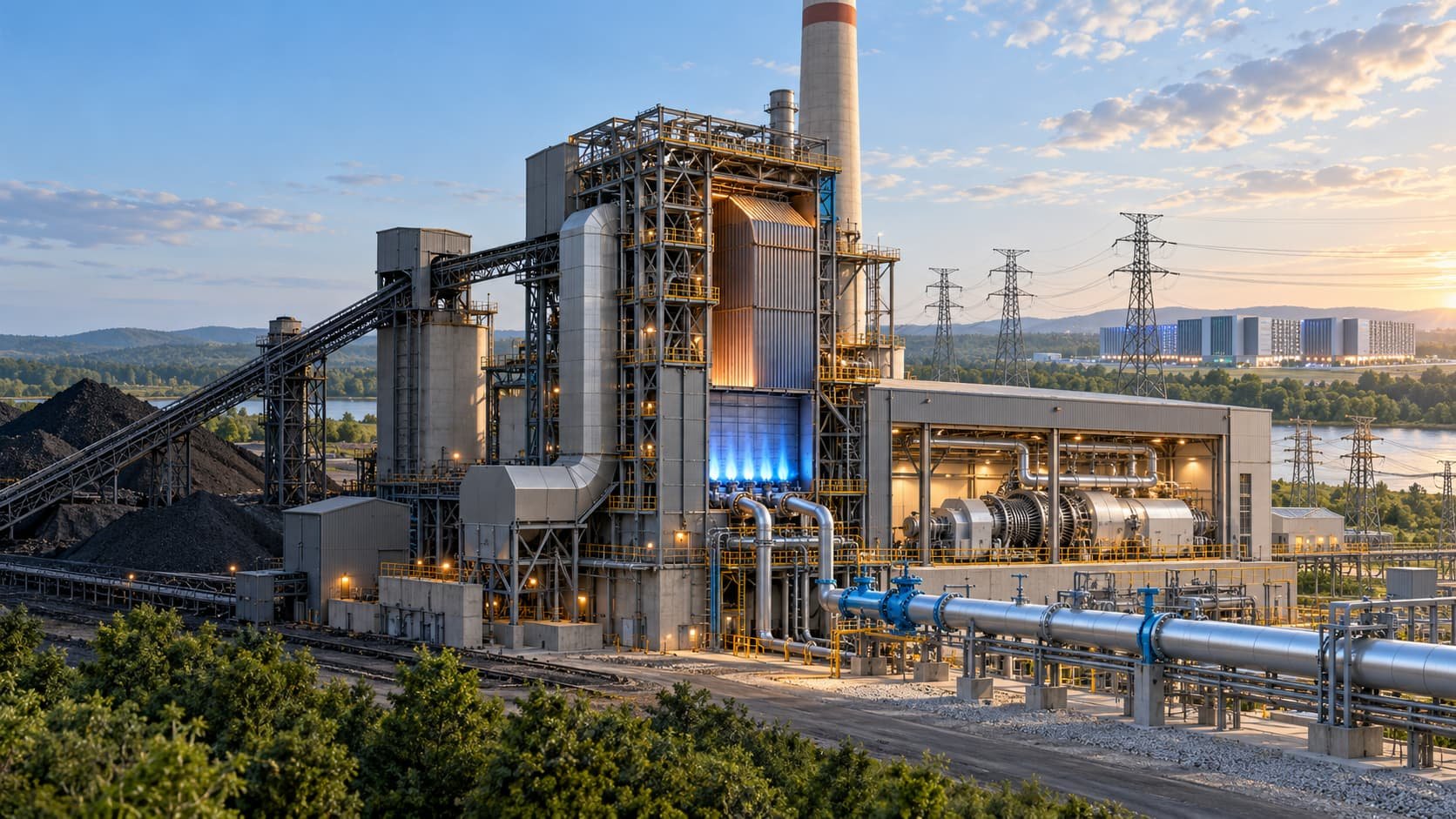 Coal-to-gas retrofit equipment at a power plant: new natural gas burners in the boiler, gas supply pipeline and control valves