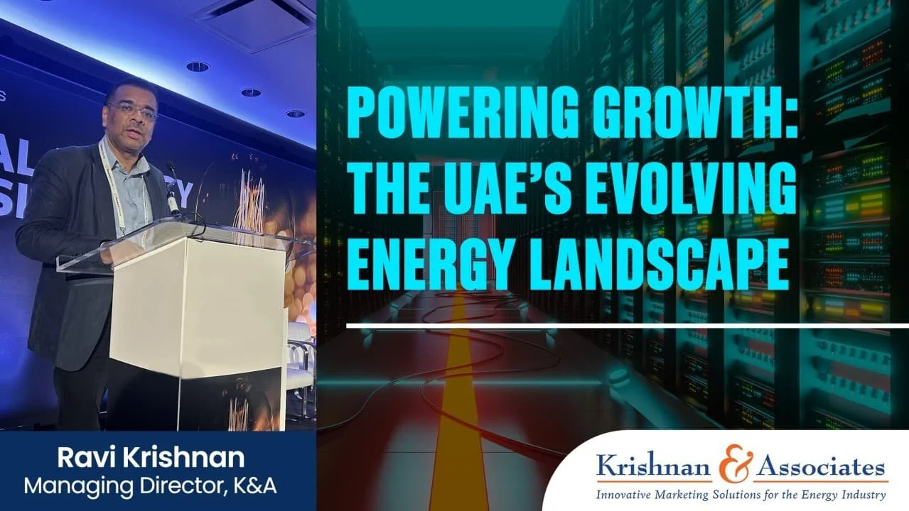 Ravi Krishnan of Krishnan & Associates speaking at an energy event, with a data center graphic on the UAE energy landscape