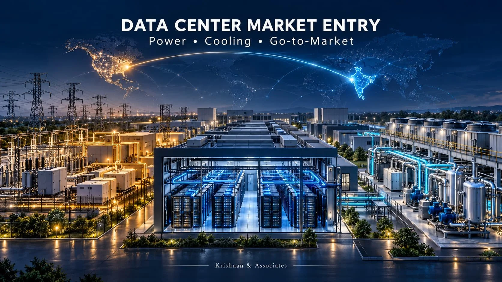 Data center campus with power substation, liquid-cooled server hall and cooling plant, under a map linking the U.S. and India