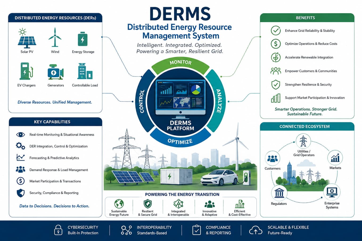 DERMS market trends and grid modernization infographic showing distributed energy resources, utility DERMS platforms, solar, wind, battery storage, EVs, demand response, grid optimization, cybersecurity, market participation and DER integration.