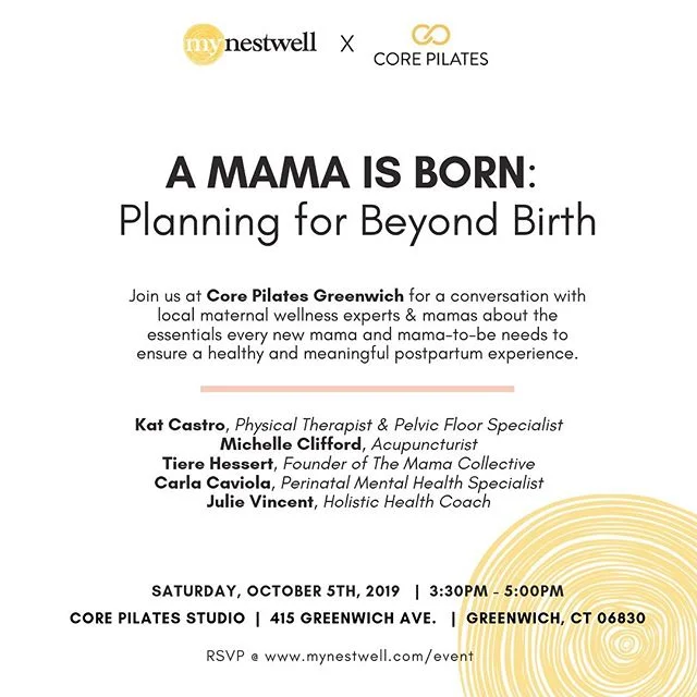 SAVE THE DATE! 
The next @MyNestwell event is just around the corner. So if you&rsquo;re a curious, hopeful, expecting, or new mama, MARK YOUR CALENDAR!

Join me at @corepilatesstudios in Greenwich for a conversation with local maternal wellness expe