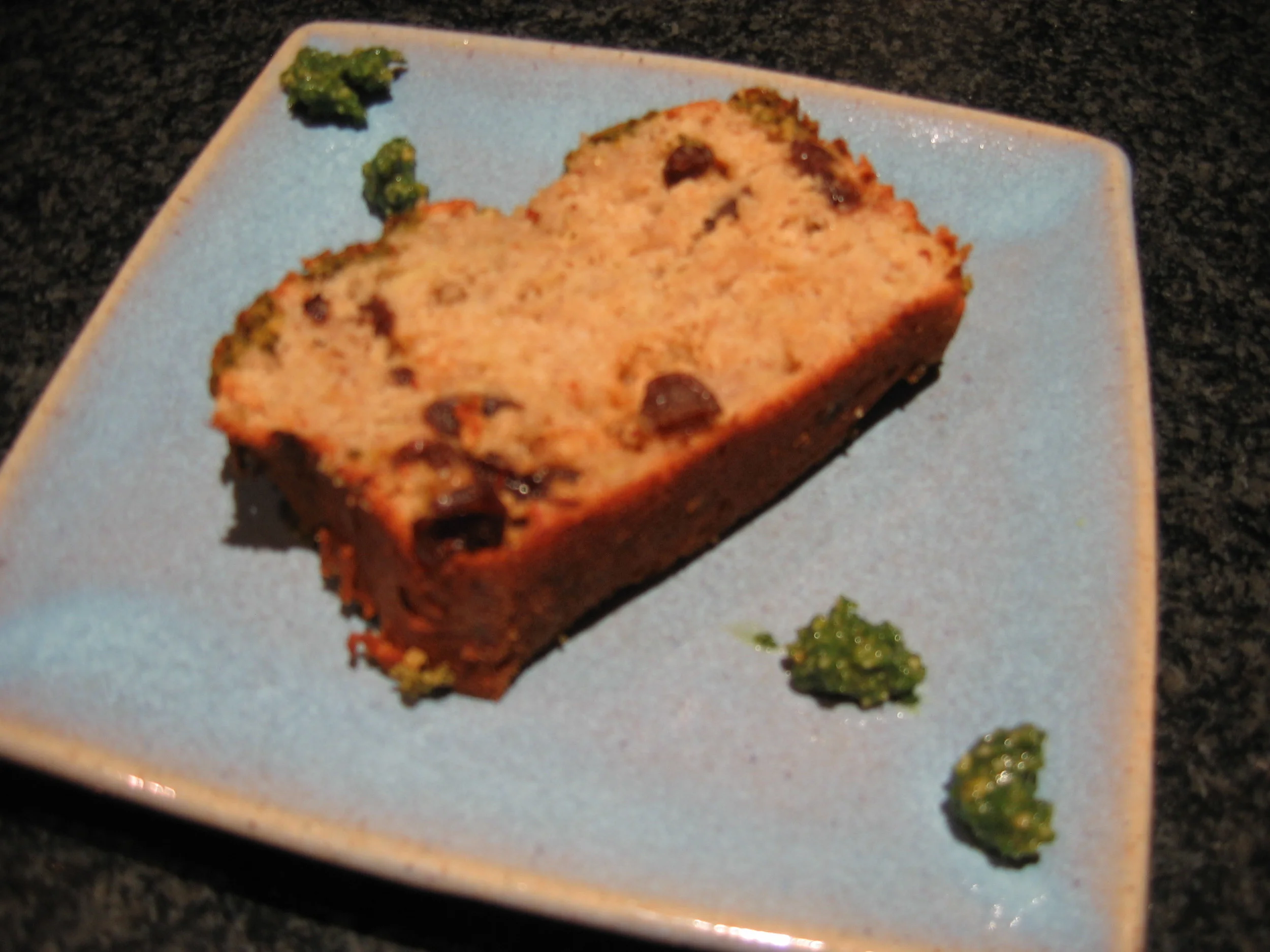Whole wheat banana bread with mint sauce