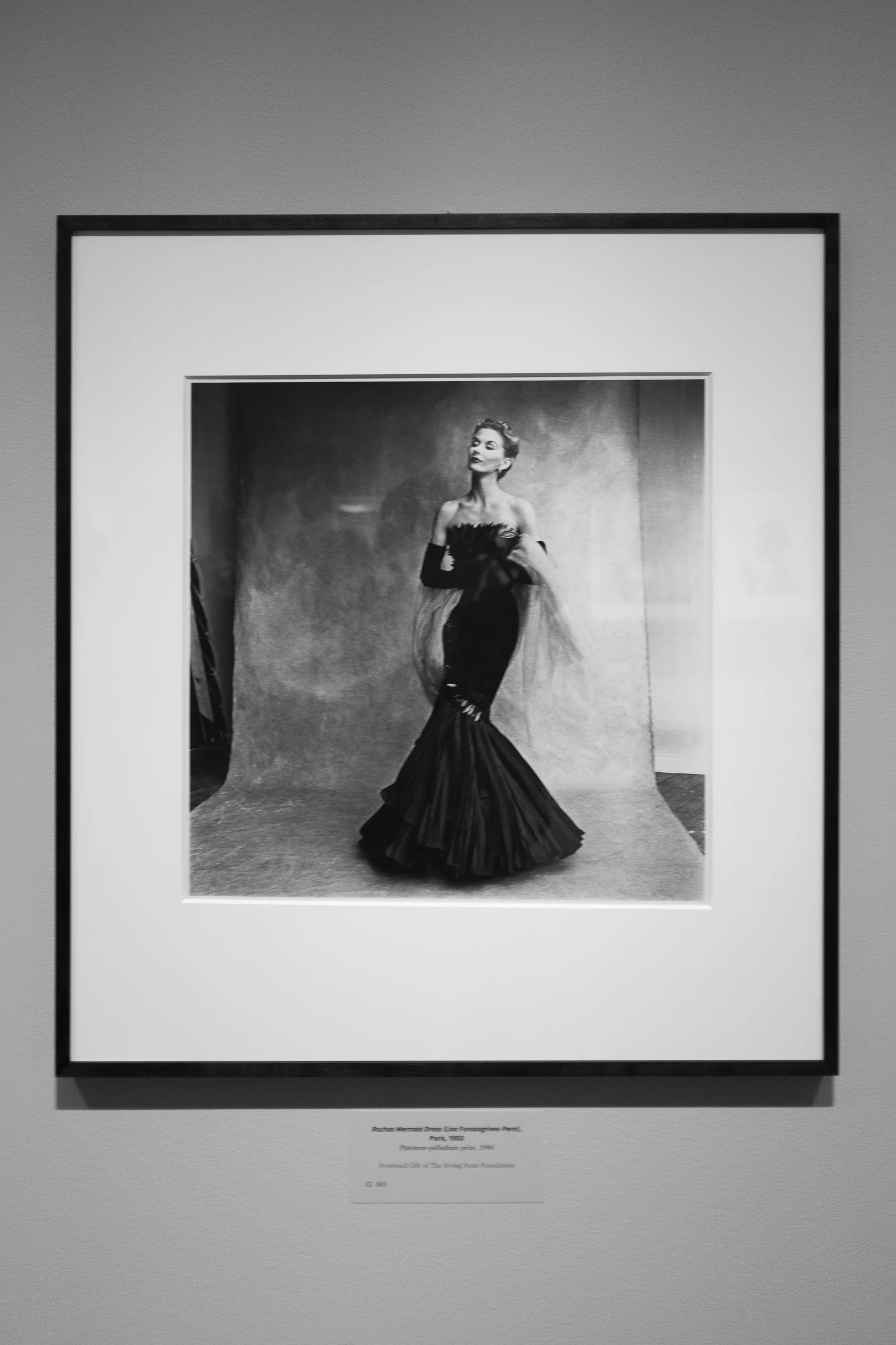 One of the most prolific fashion models of the day and Irving Penn's wife Lisa Fonssagrives-Penn, photographed against the very backdrop on display at the exhibit.