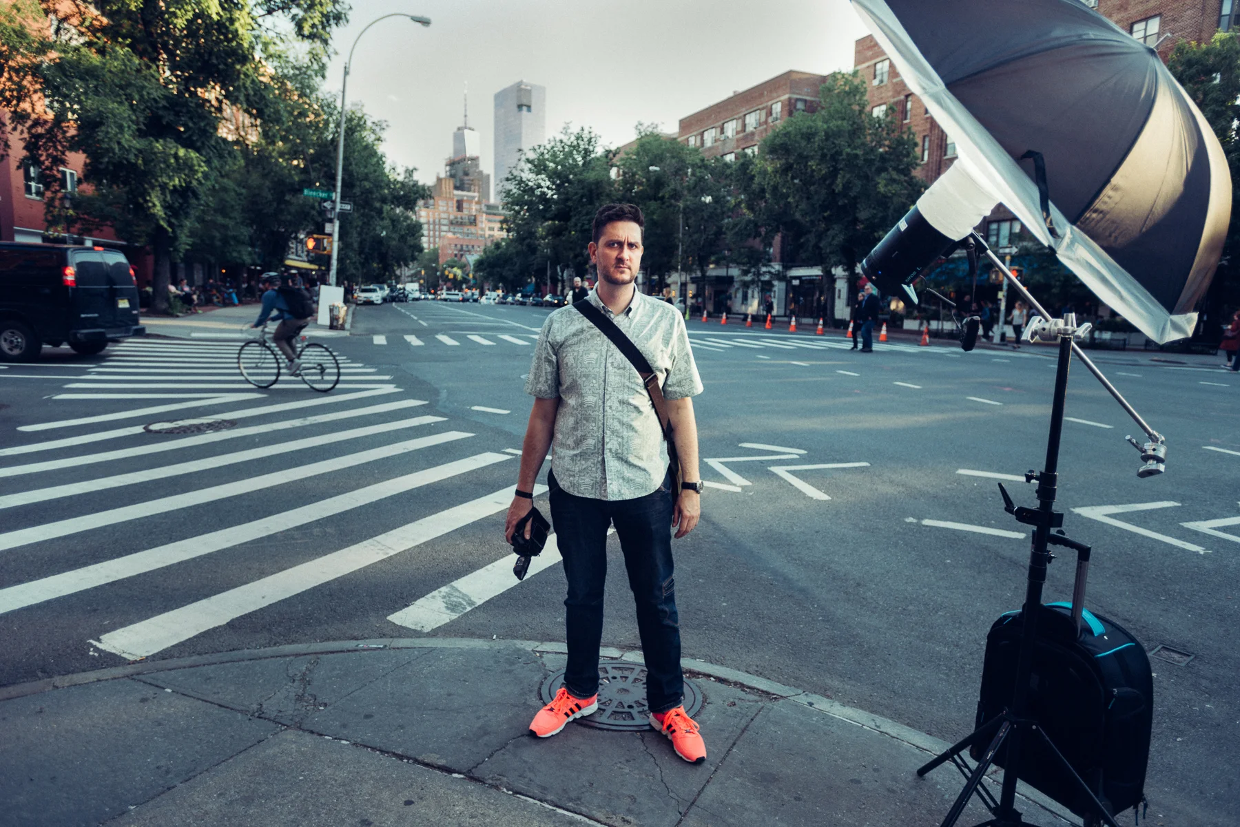 Jason standing in for a lighting test on 6th Ave. I wanted to keep the setup lightweight and portable, so we shot with a single Broncolr Siros L light with a Photek softlighter, boomed out on an arm to get the stand out of the way for wider shots. The power of the strobe was kept pretty low to assist and accentuate the natural light of the scene, not overpower it. The Siros L is battery powered, so that meant no power cables, external battery packs, or generators, but the light is still powerful for nearly any outdoor situation, and also has a couple of nifty features like High Speed Sync to allow for flash synchronization at any shutter speed - useful for shooting at wide apertures in bright light where 1/250s is not possible.