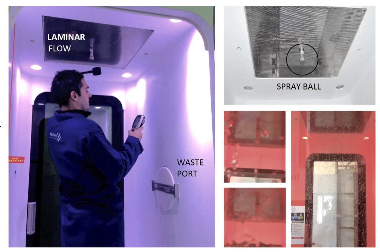 Illustration 6: Dispositif CIP pour le nettoyage de l’intérieur de la cabine en fin de cycle de décontamination. (flux laminaire, buses CIP, port d’extraction des vêtements)