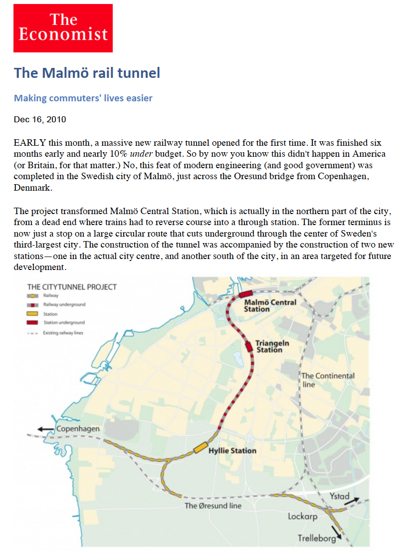 The Economist, 12/16/10 "The Malmo Rail Tunnel: Making commuters' lives easier"