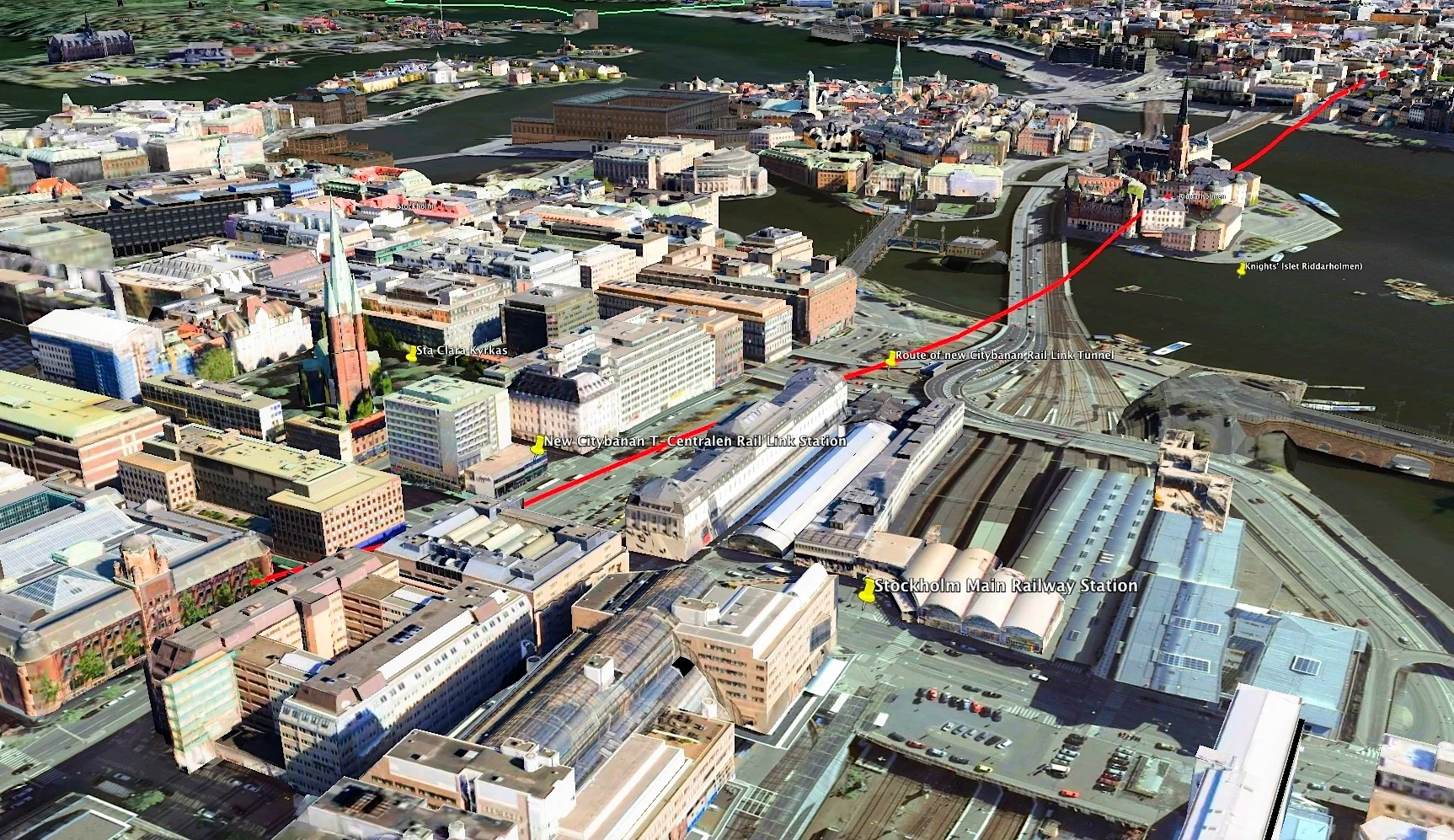 Birdseye view of the route of Stockholm's Citybanan Rail Link