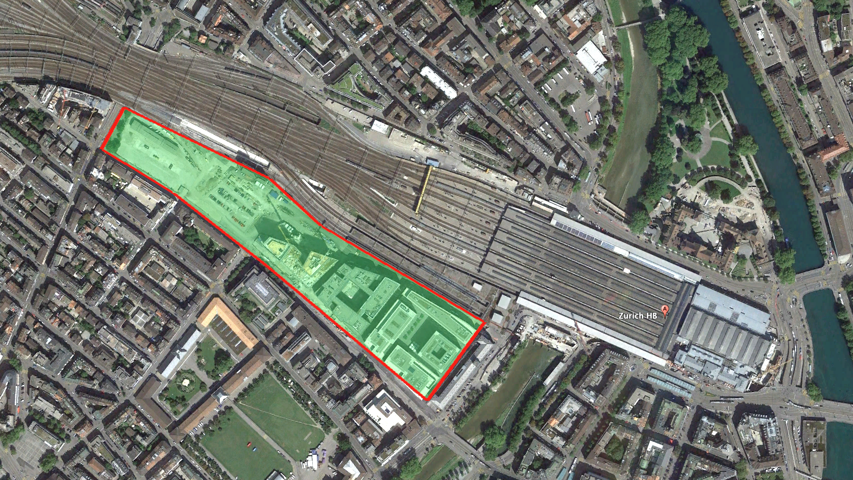 Aerial view of Zurich's main railway terminal (Hauptbahnhof) and its vast rail yards