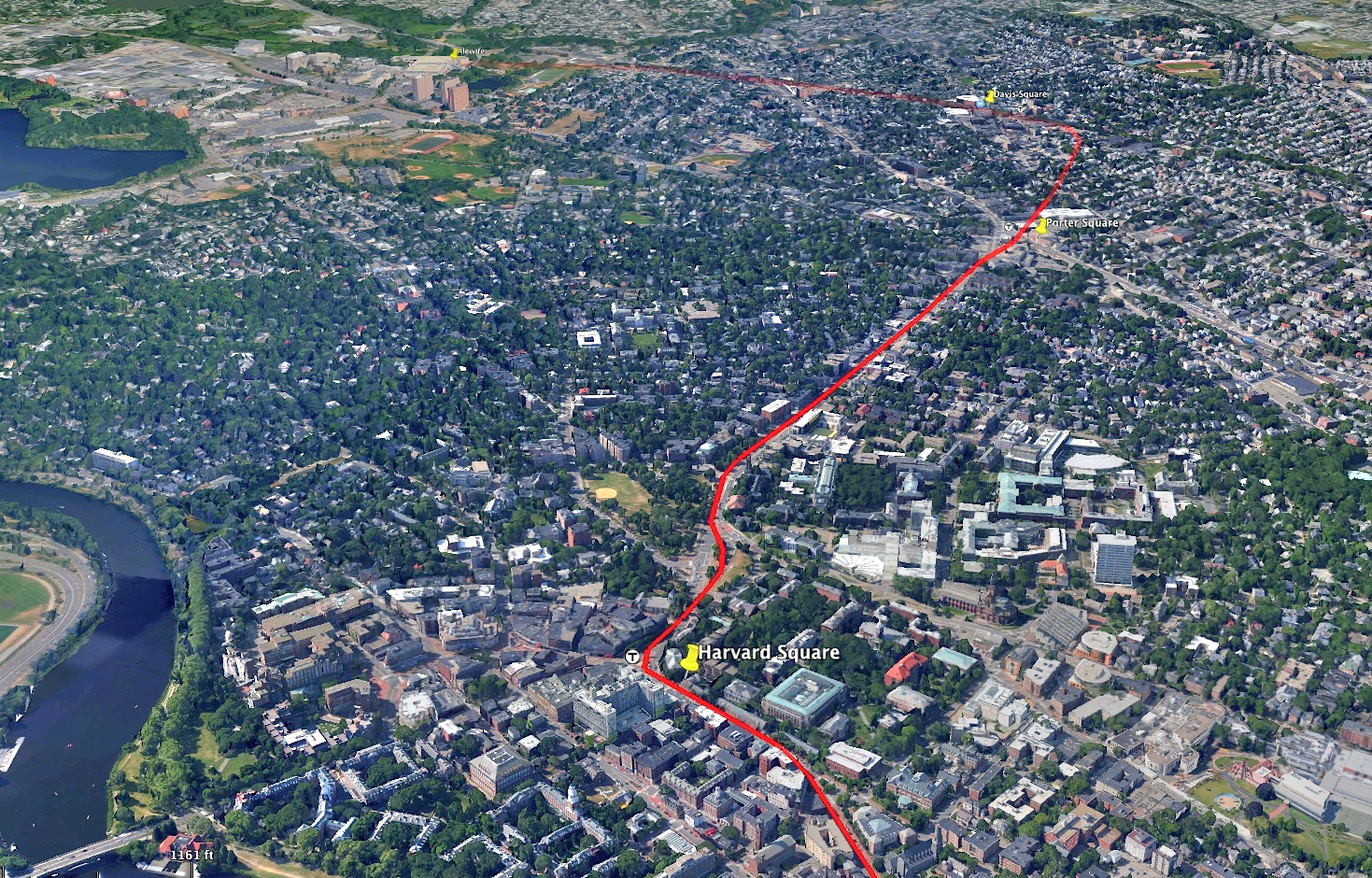 Aerial view of Harvard Square in Cambridge, showing the route of the Red Line Extension