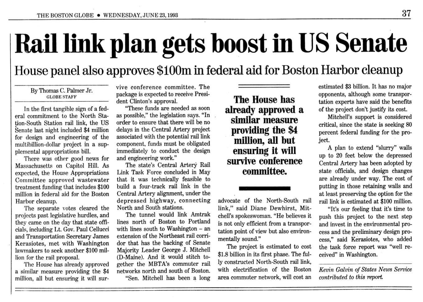 Boston Globe article about rail link, June 24 1993