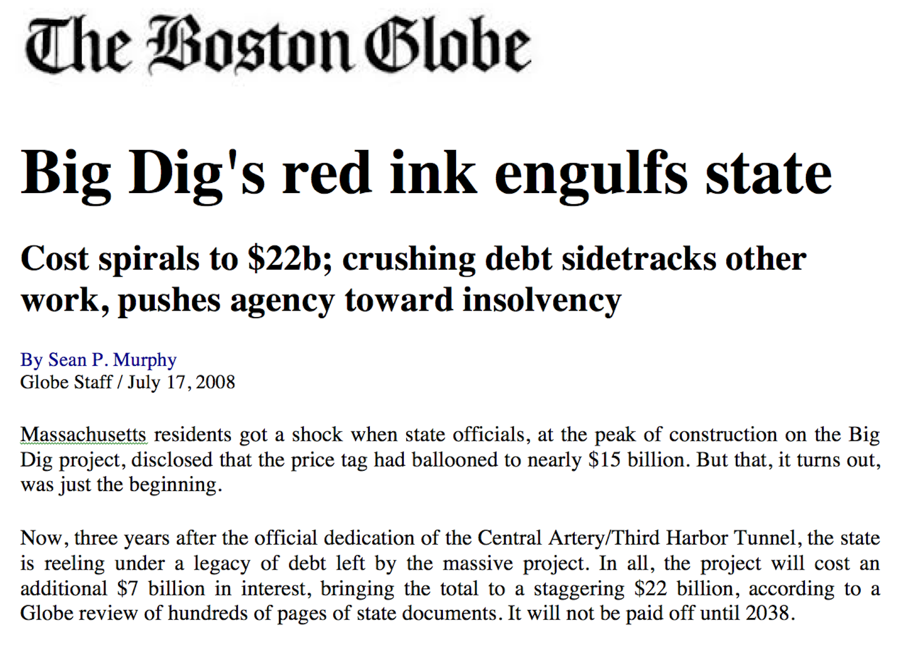 Boston Globe article about Big Dig cost