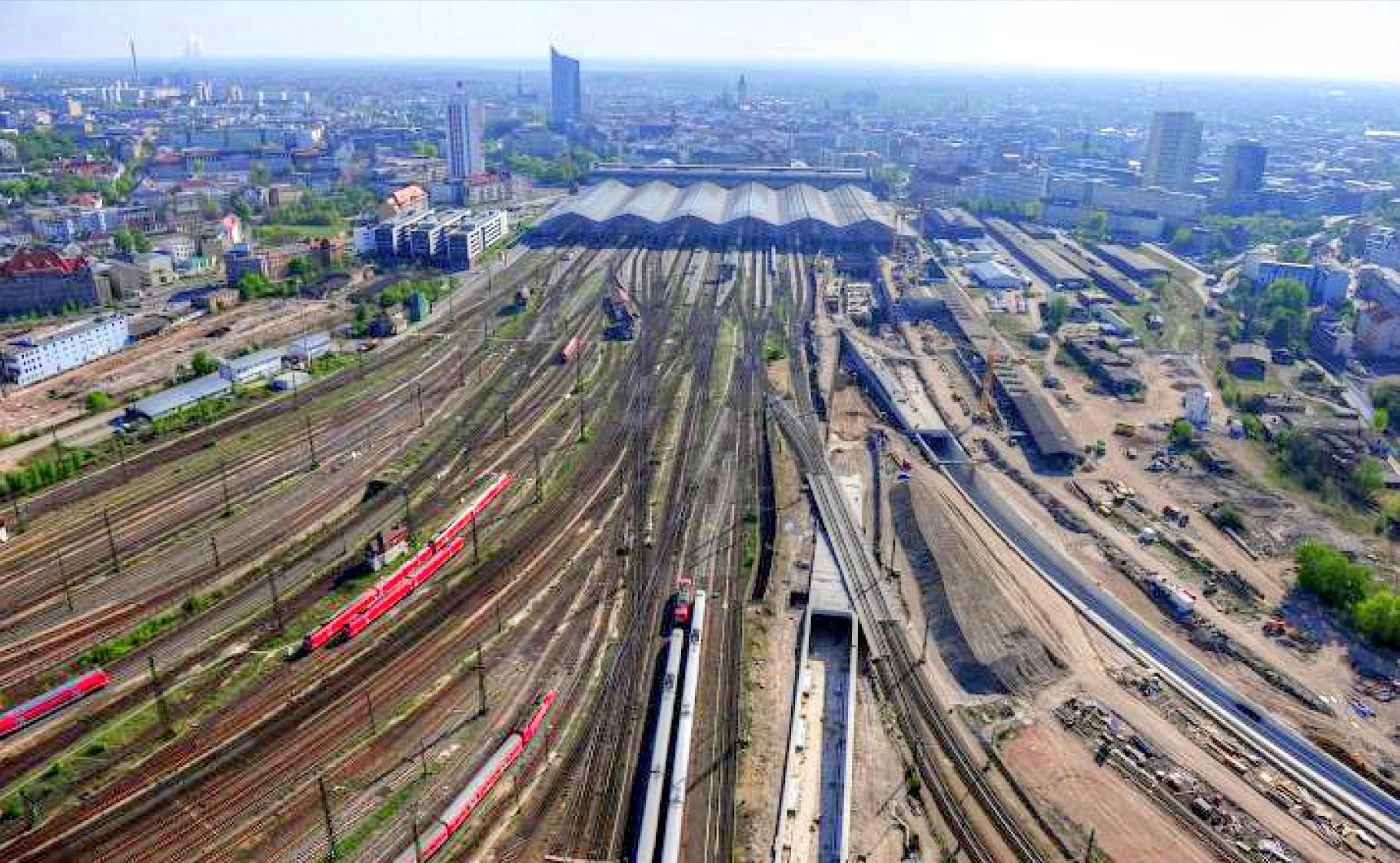 Aerial view of Leipzig's Hauptbahnhof, looking south