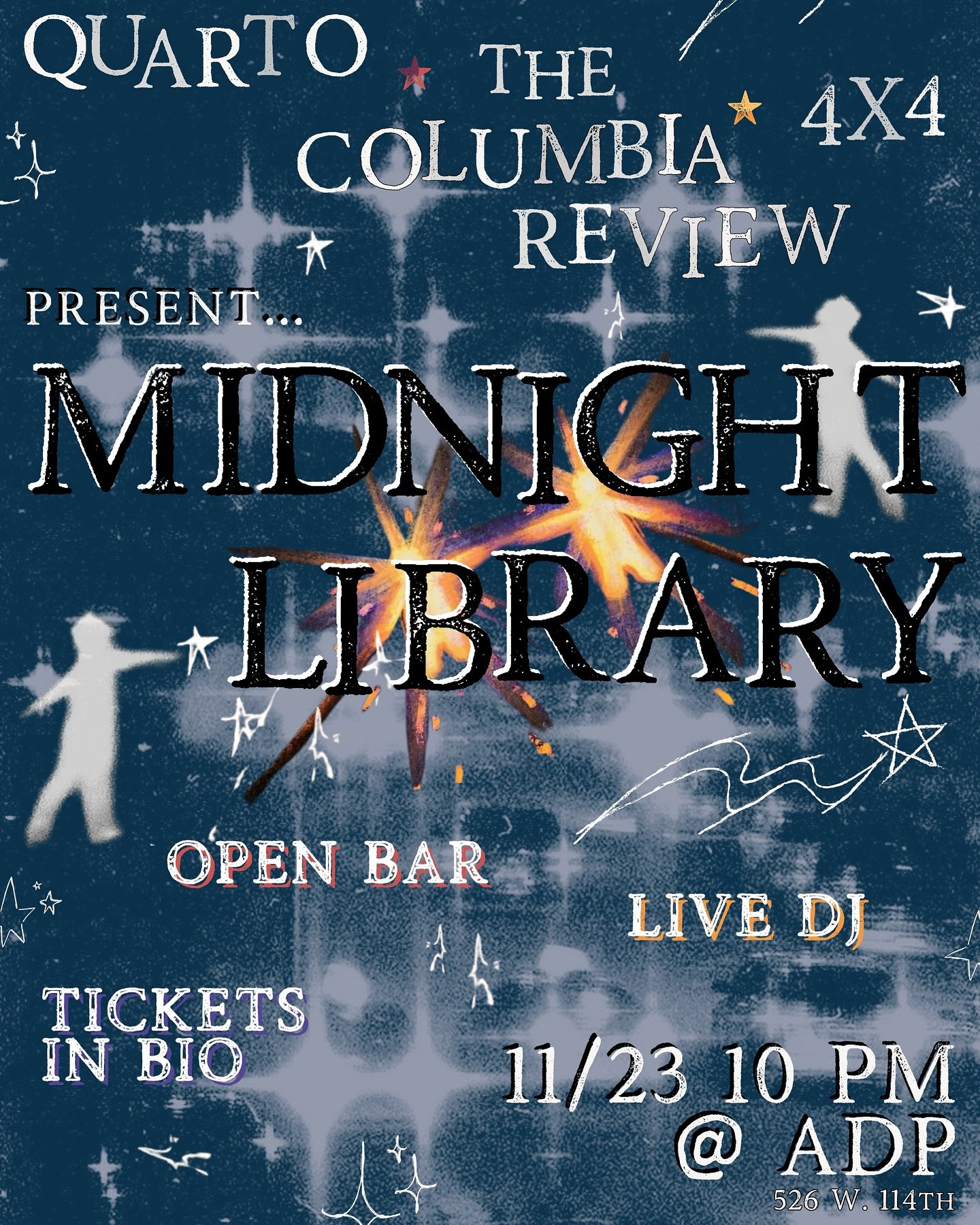 come party with @columbiaquarto @thecolumbiareview and @fourbyfourmag at the Midnight Library&hellip; 🌌🕰️🖋️📜 

open bar. live dj. live out ur mysterious literary dark academia fantasy fiction dreams&hellip; u know u want to ⭐️

ADP next saturday 