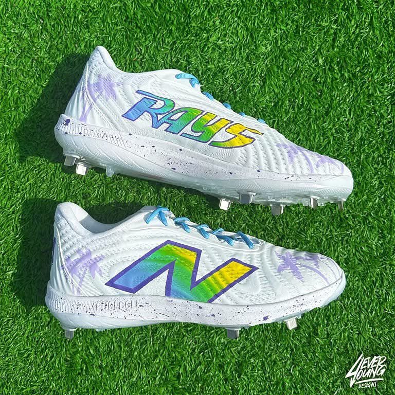 Custom baseball cleats for Tampa Bay Rays pitcher, @rpepiot10 💜💙💚💛

My first MLB custom pair I will forever remember!
