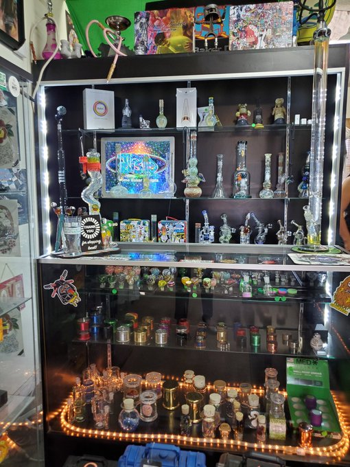 Just a small sample of the glass at Top Shelf Gift Shop. Waterpipes, handpipes, rigs, stash jars, and pendants — it’s all here.