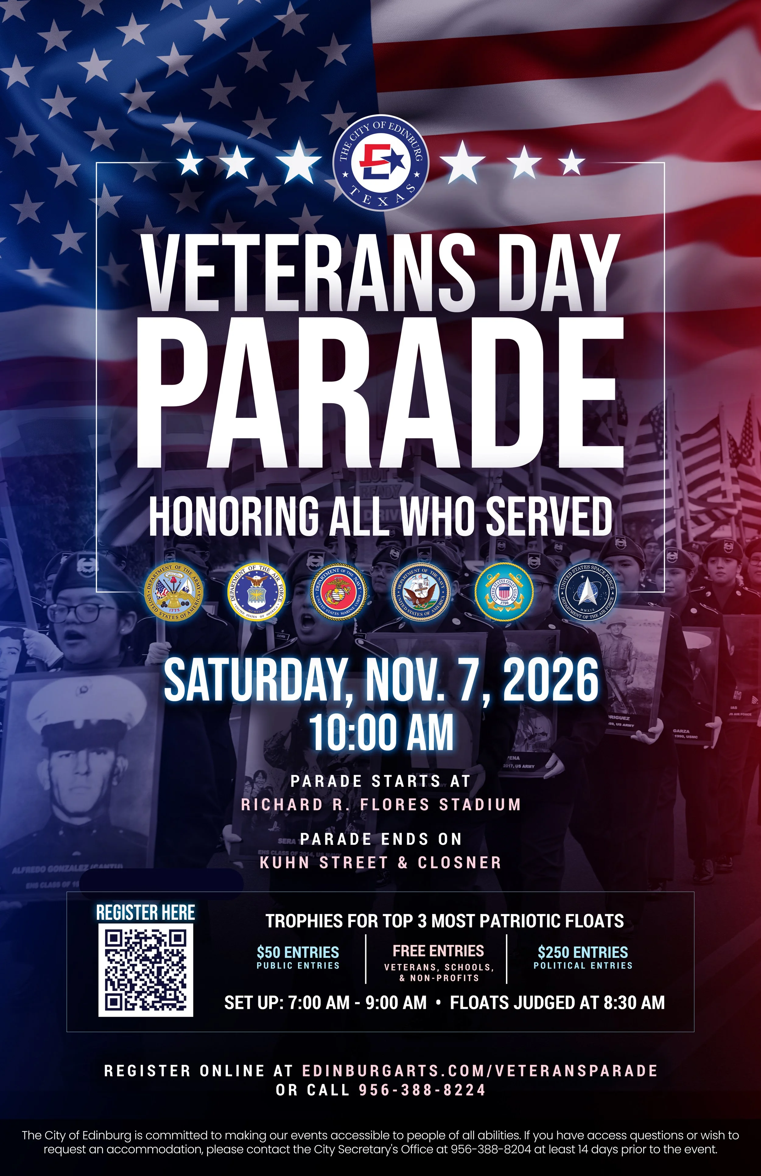 City of Edinburg Veterans Day Parade, November 7, 2026, at 10 AM, beginning at Richard R. Flores Stadium. Registration and parade entry information included.