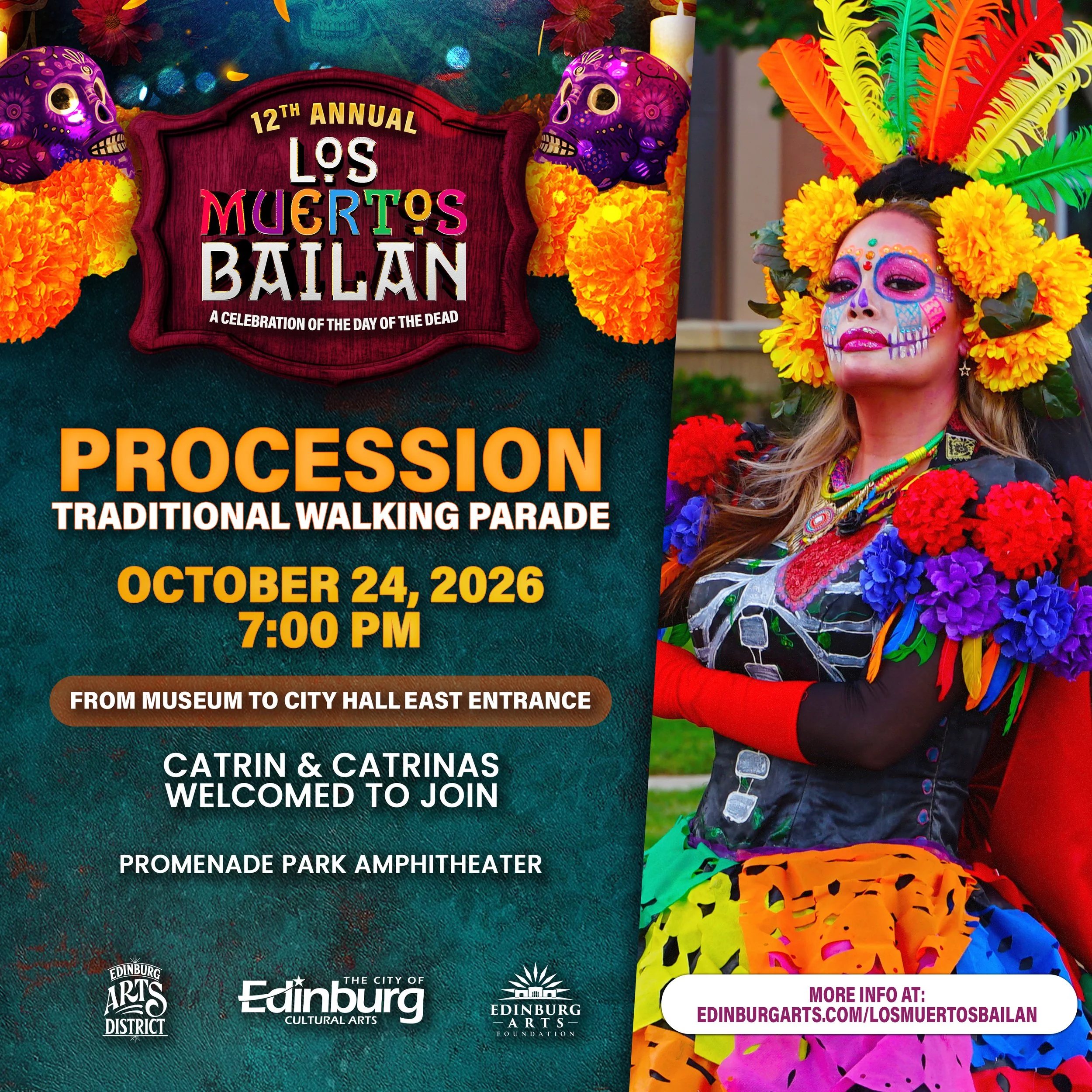 Los Muertos Bailan Procession, traditional walking parade. The public is free to join the walk from Museum to City Hall East Enterance. October 24th, 2026 7:00PM