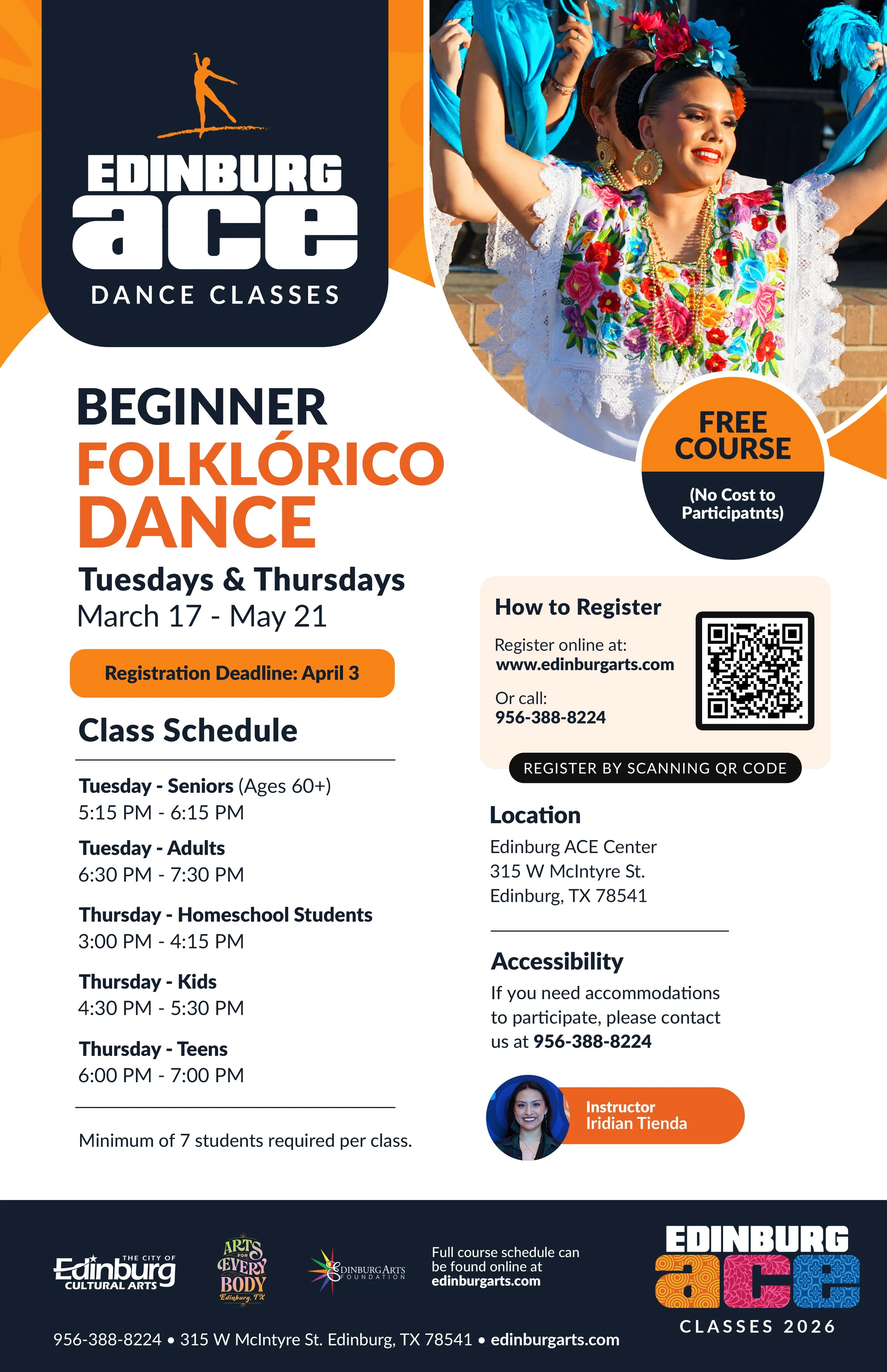 Folklorico class flyer for the Edinburg ACE Center with clickable link to register