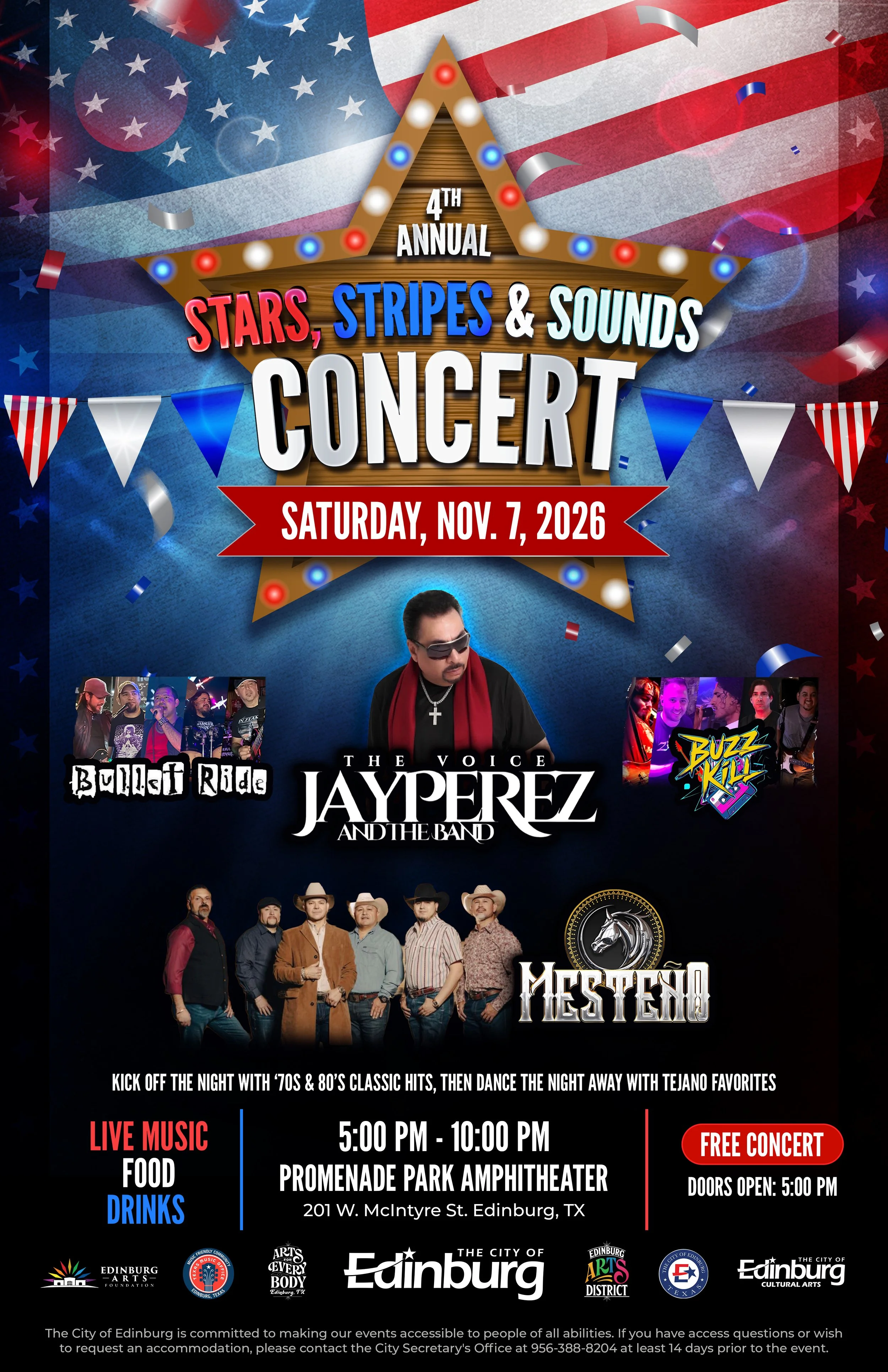 Fourth Annual Stars, Stripes and Sounds Concert, November 7, 2026, from 5 to 10 PM at Promenade Park Amphitheater. Free concert featuring Jay Perez and the Band, Bullseye Ride, Buzz Kill, and Mesteno.