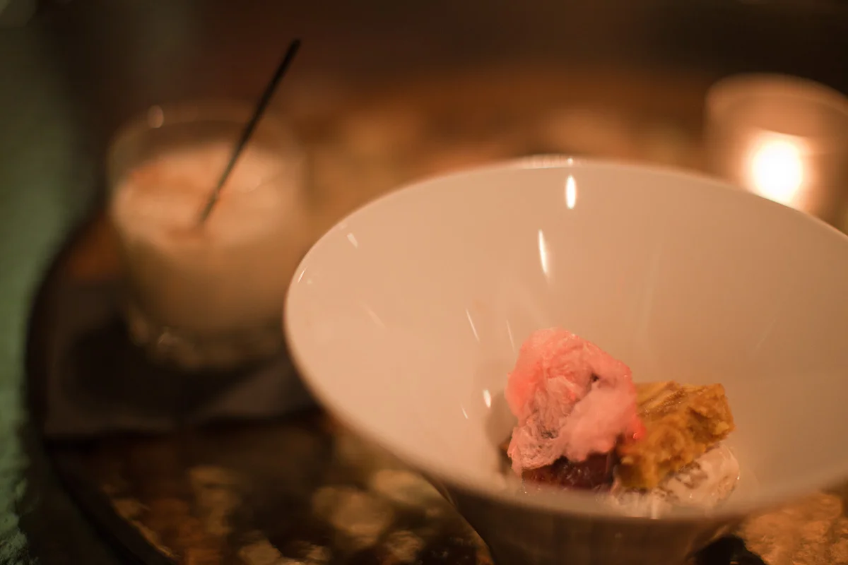 Maple bread pudding, black walnut ice cream, bacon brittle and bourbon cotton candy