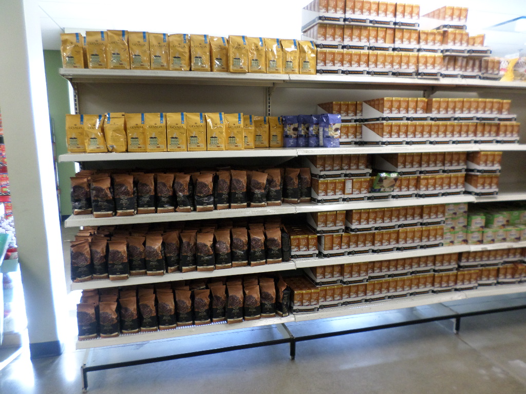 The coffee shelf at the Community Cupboard. You can see how strongly it resembles Wal-Mart or Meijer.