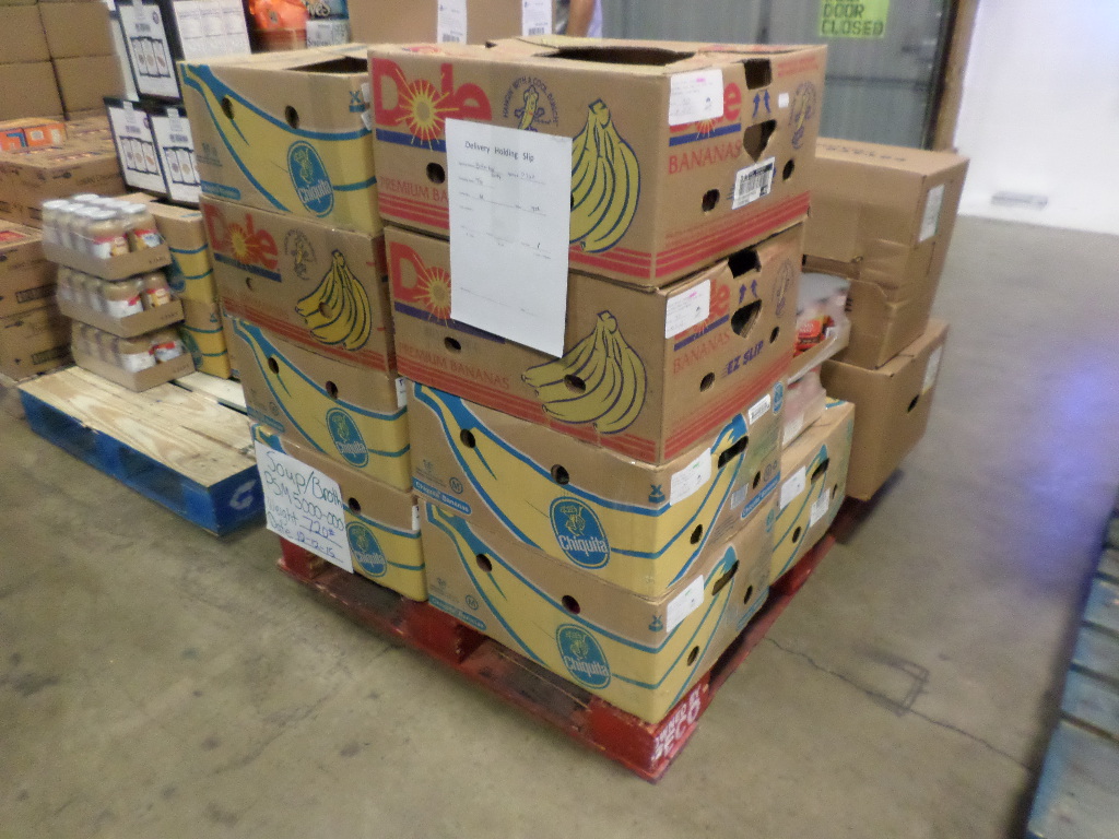 Pallets of food ordered by member agencies and waiting in the warehouse.
