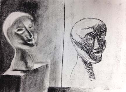 Drawing on RIGHT completed after discussing Picasso's mark-making in the drawing below.