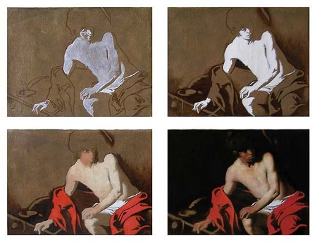 Demonstration of Caravaggio's painting procedure. Notice how shapes are grouped in terms of value.