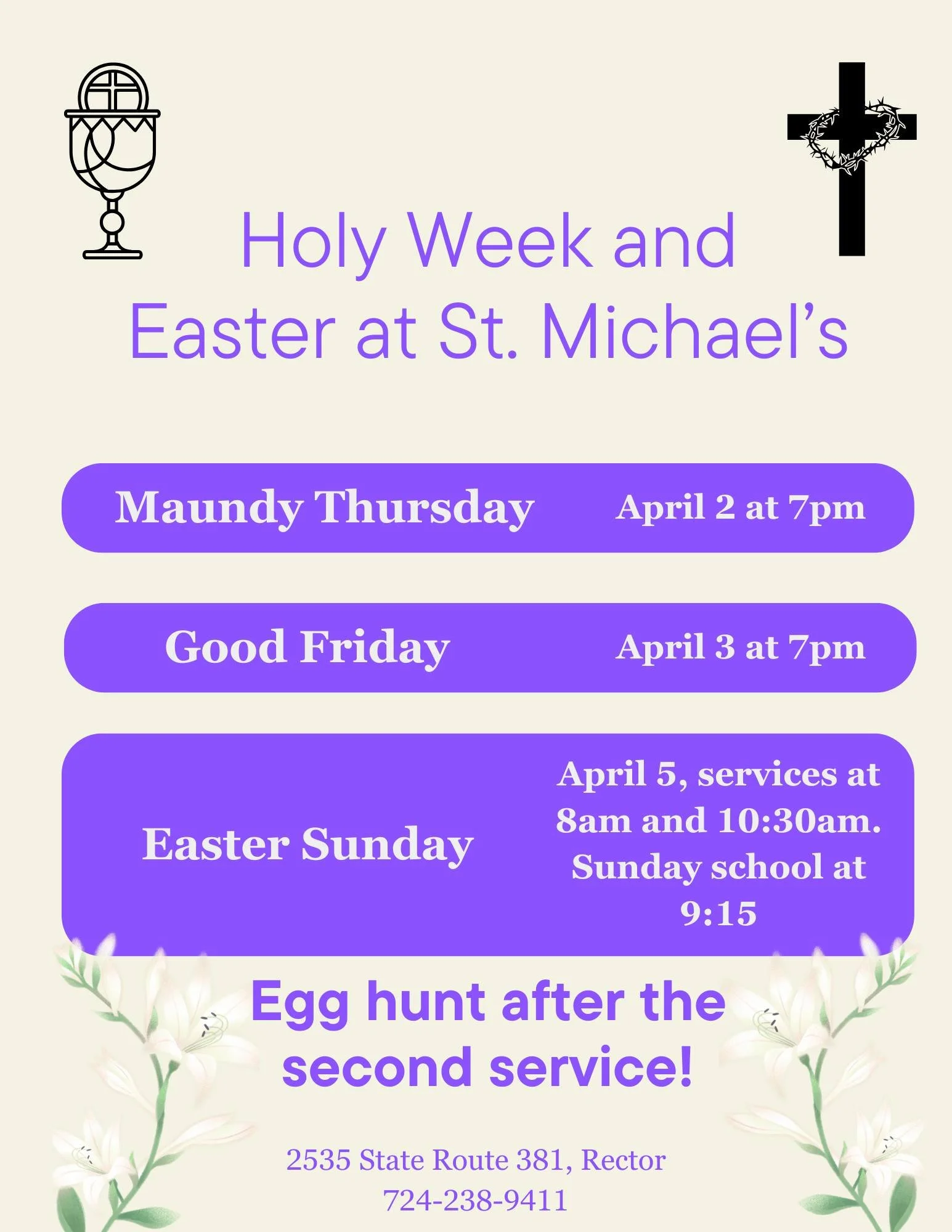 Schedule for Holy Week at St. Michael's Rector, Pa