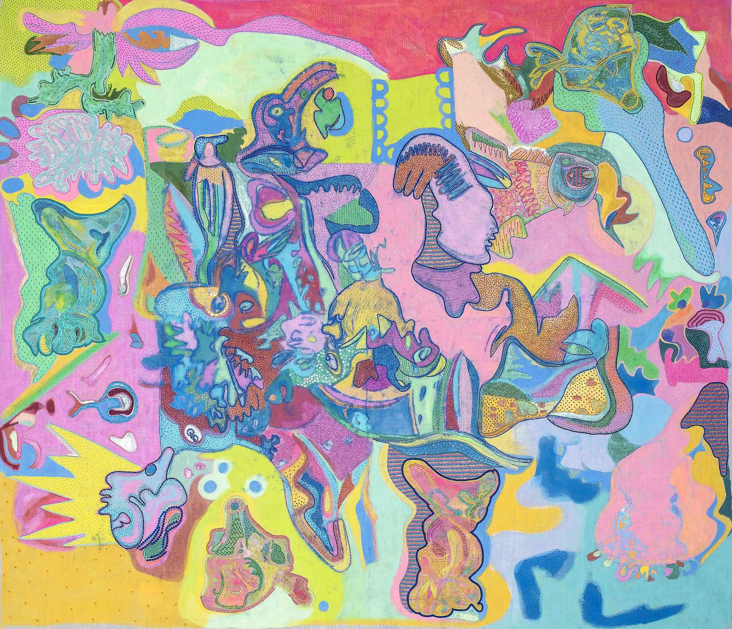 Lucknow XV, 2024 Glue, pigments, acrylic, resham, kasab, anchor, tiki, kora, saadi 150 × 140 cm ©July Ancel ADAGP