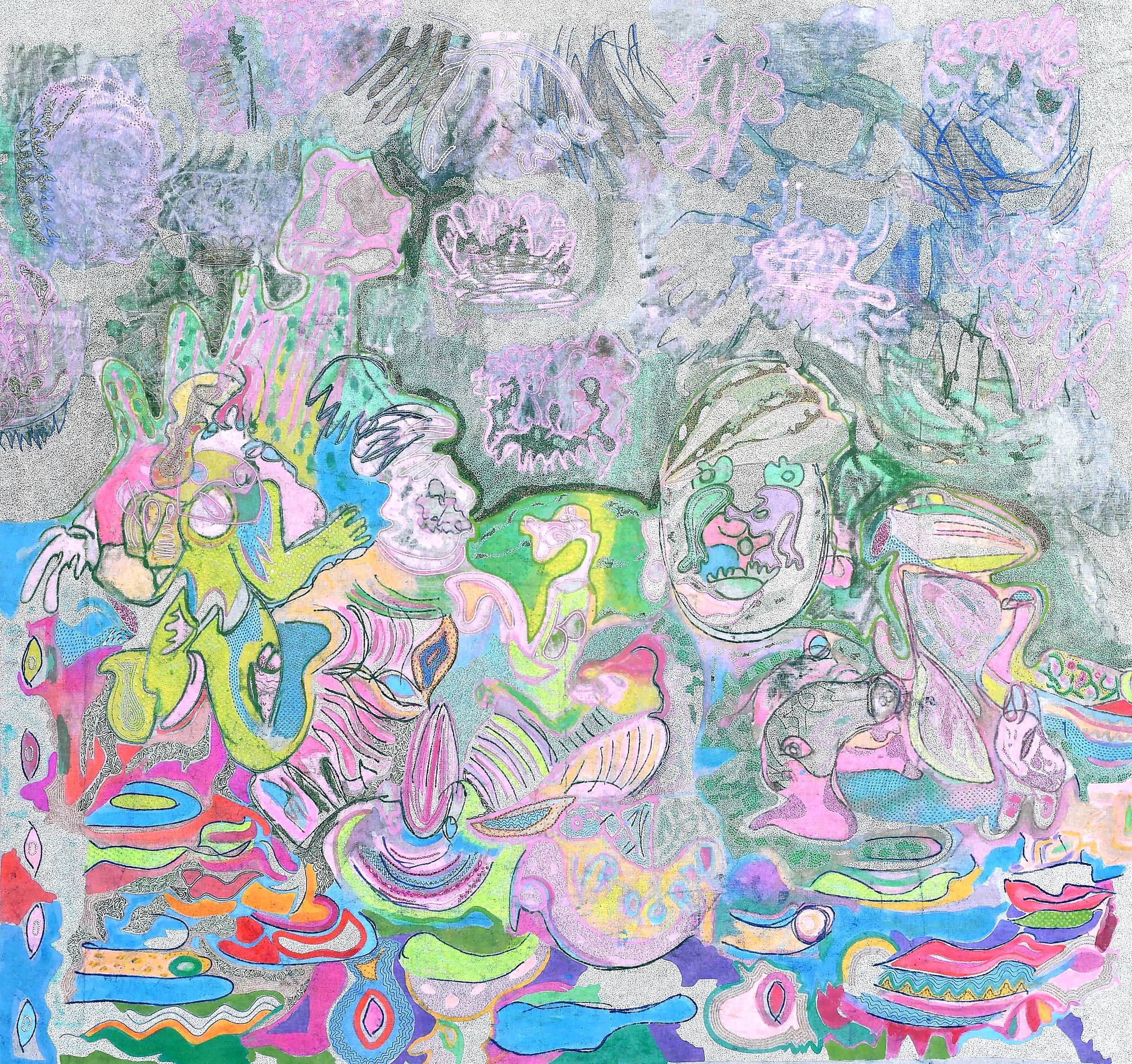  LUCKNOW VIII, 2024  Glue, pigments, acrylic, resham, kasab, anchor, tiki, kora, saadi  170 × 155 cm  ©July Ancel ADAGP 