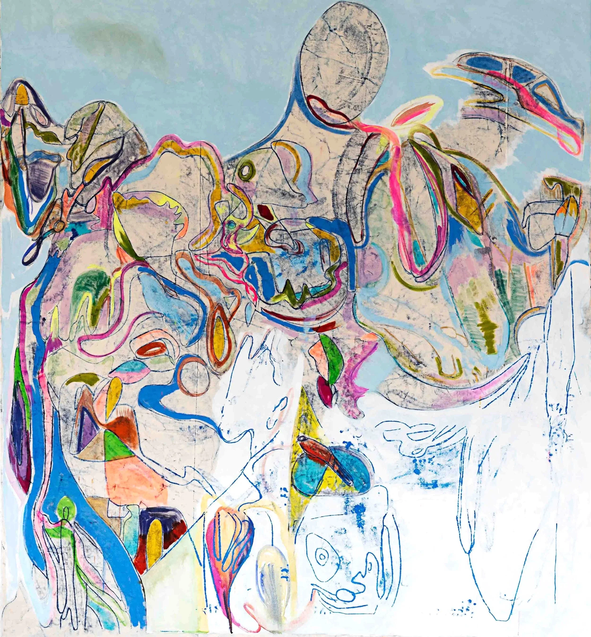  ALEGRIA I, 2023  Ink, caséine, pigment, oil on canvas  190 x 180 cm  ©July Ancel ADAGP  Photographie : Isabelle Cerneau 