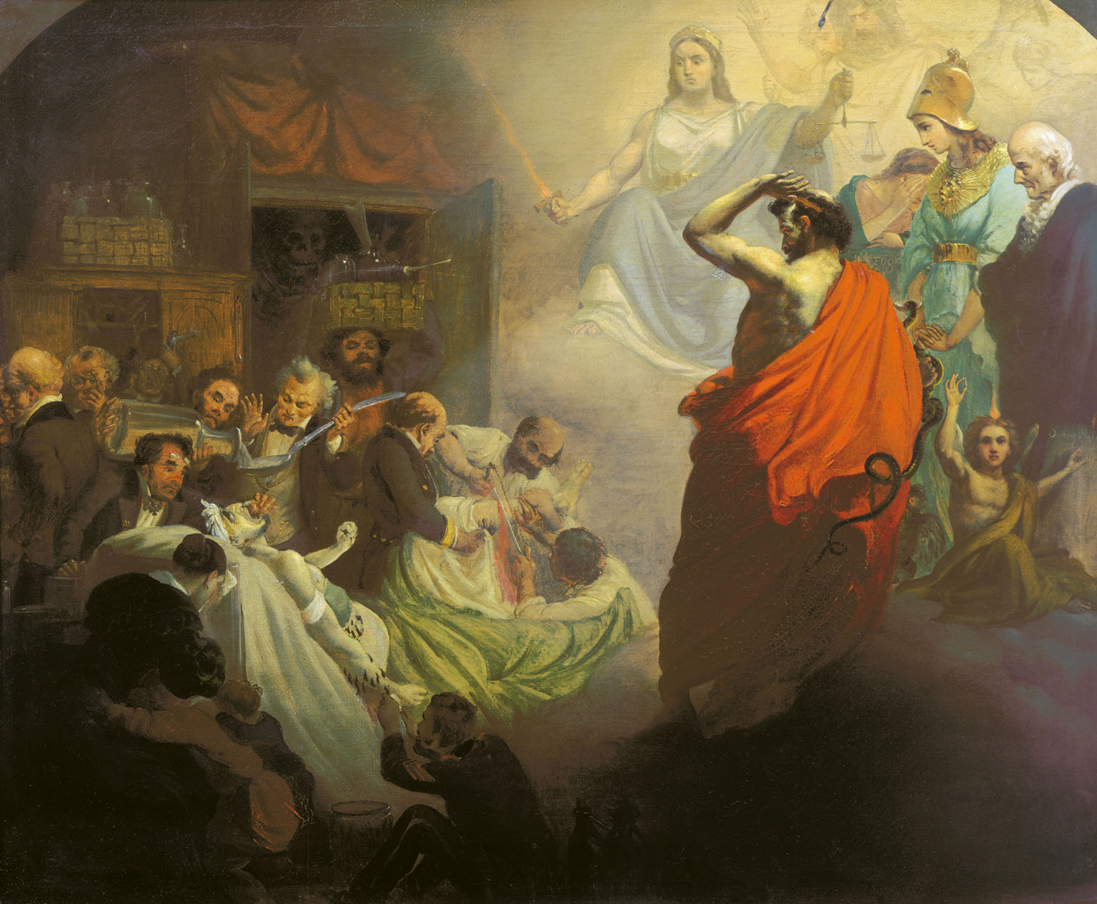 1857 painting by Alexander Beydeman showing several historical figures, the personification of homeopathy (in red) and Samuel Hahnemann (the founder of Homeopathy, on the far right) observing the brutality of medicine of the 19th century.