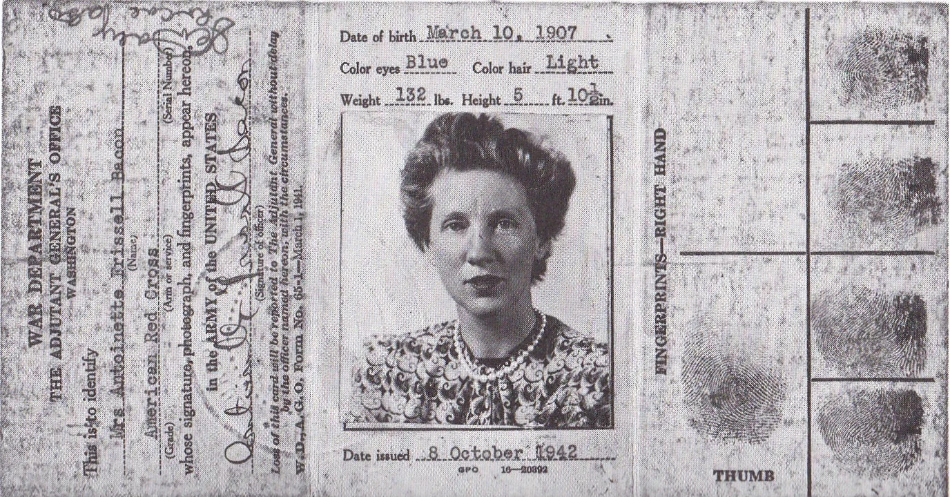 Officer's identification card, No. 296054, for Mrs. Antoinette Frissell Bacon, photographer for the American Red Cross, War Department