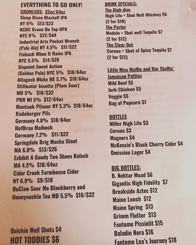 Today&rsquo;s menu, open till 7pm. And more on site. #highdivebrooklyn #growlers #beer