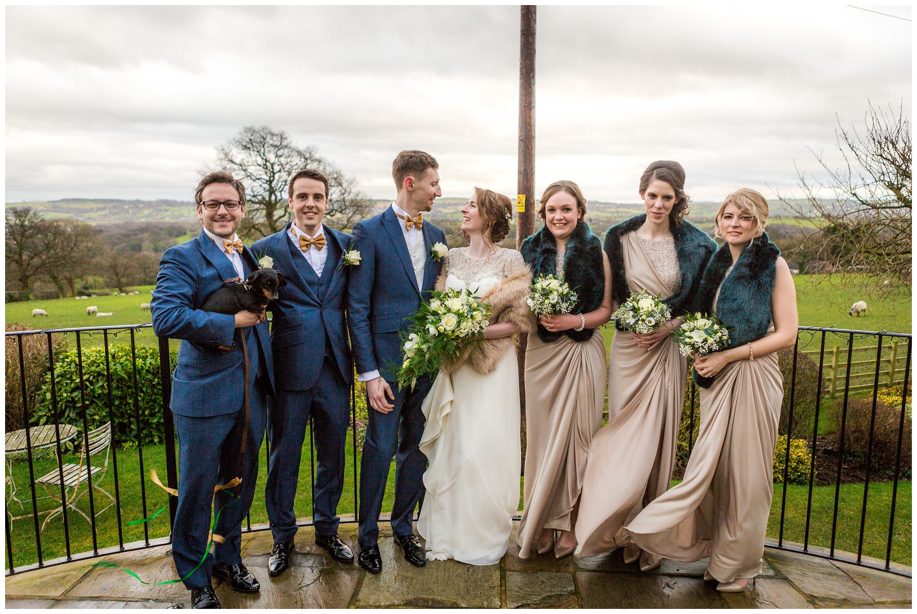 bride, groom, groomsmen and bridesmaids in gardens