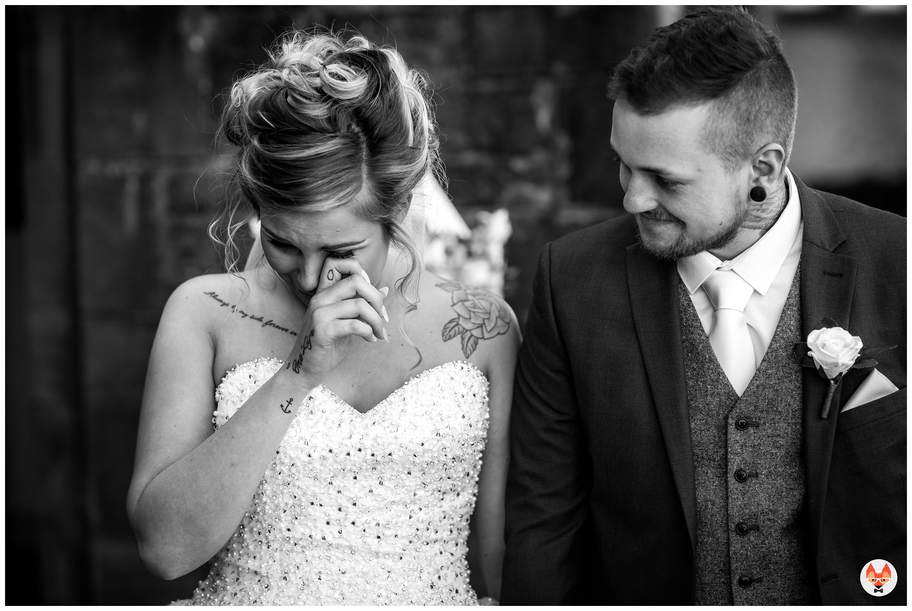 bride crying outside of church