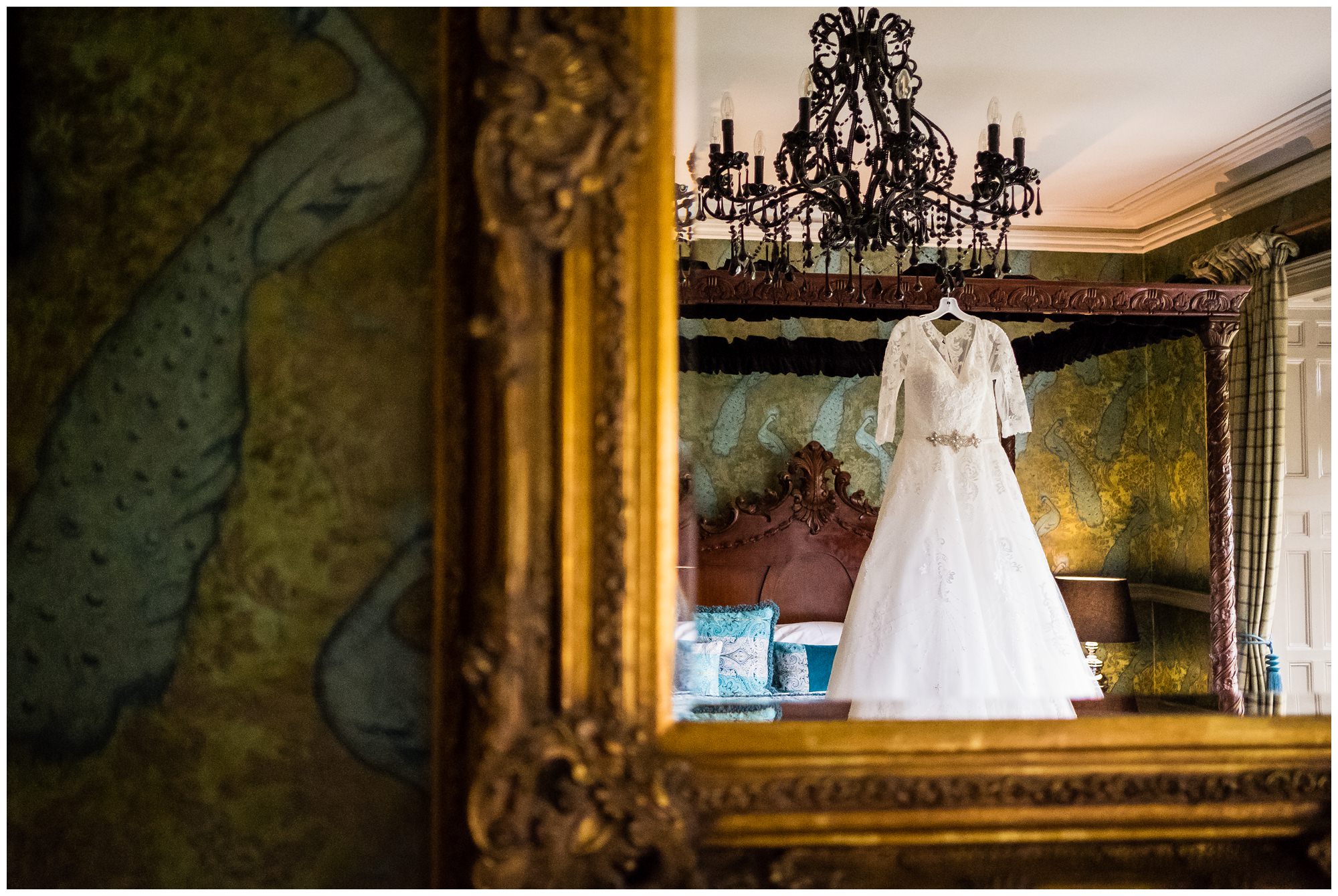 wedding dress hung at mitton hall, lancashire
