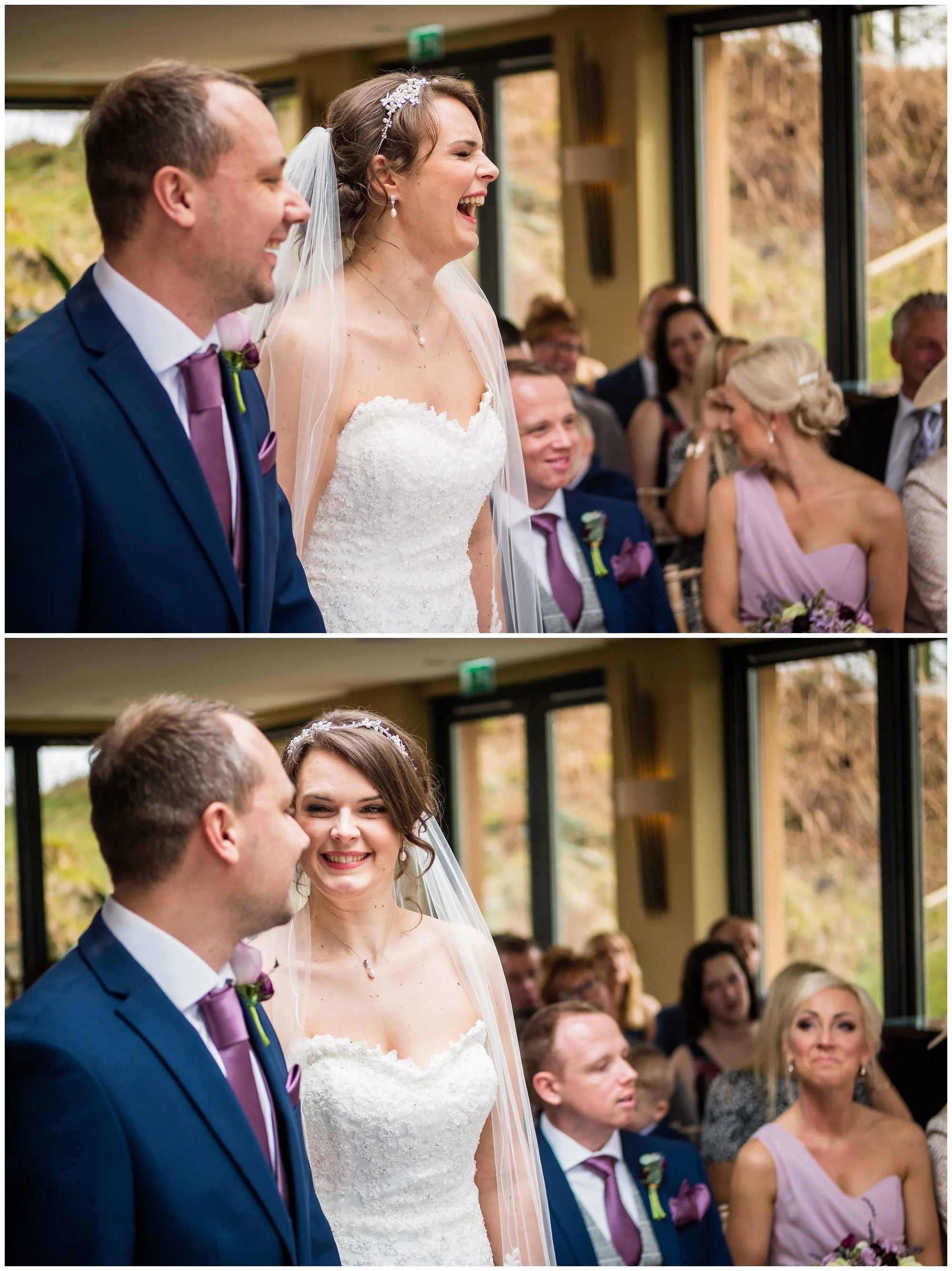 bride laughing during wedding service