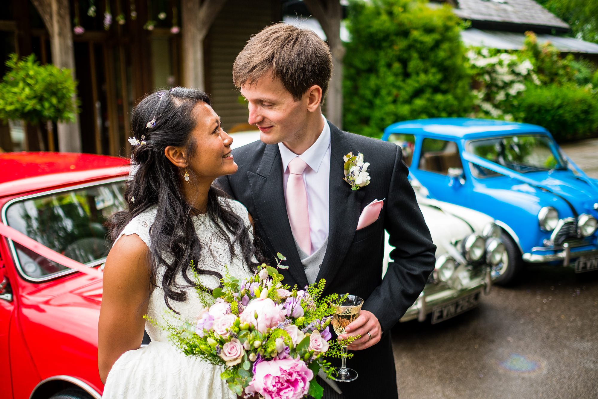 bride and groom outside the oak tree of peover