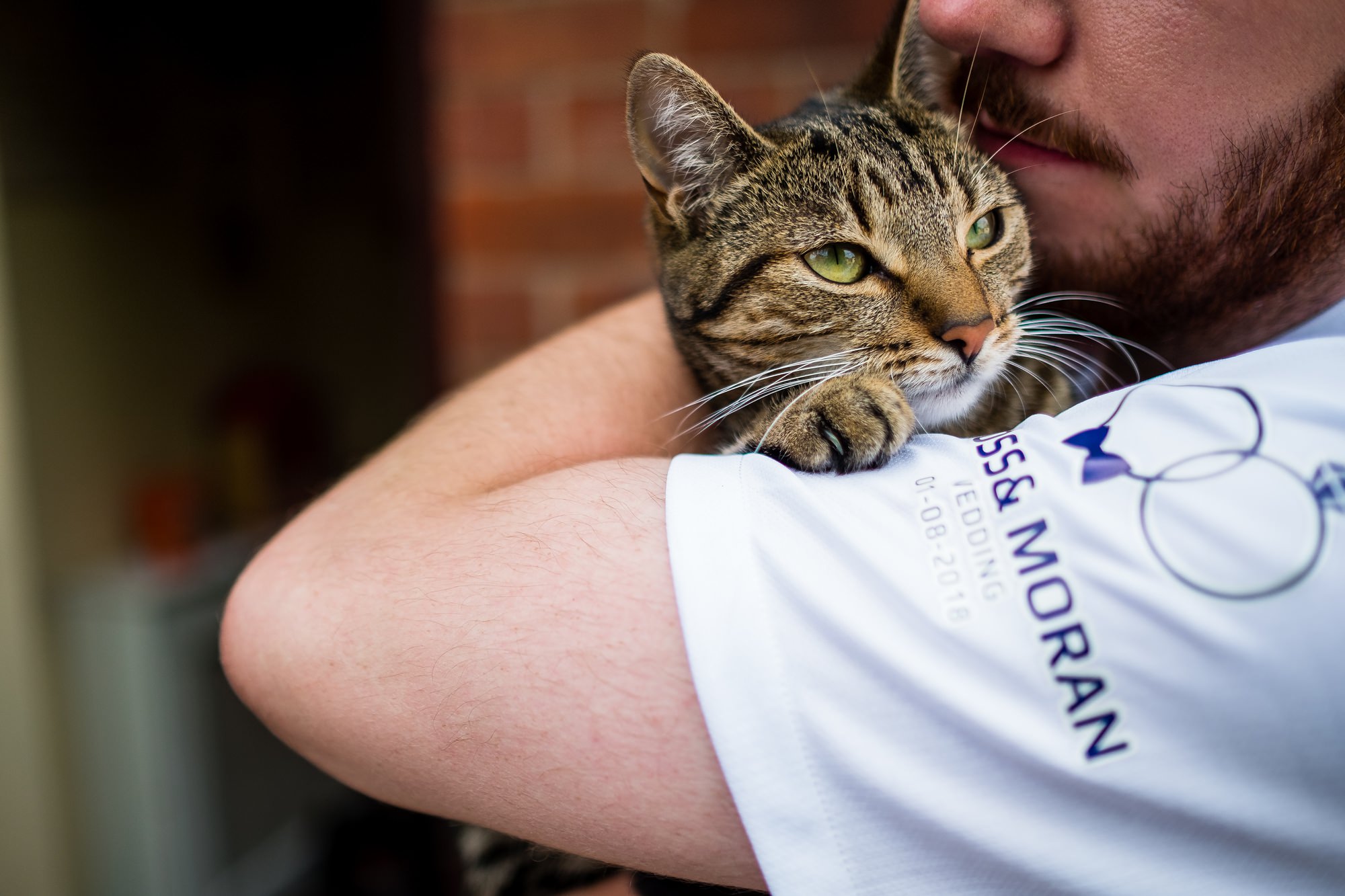 groom holding cat