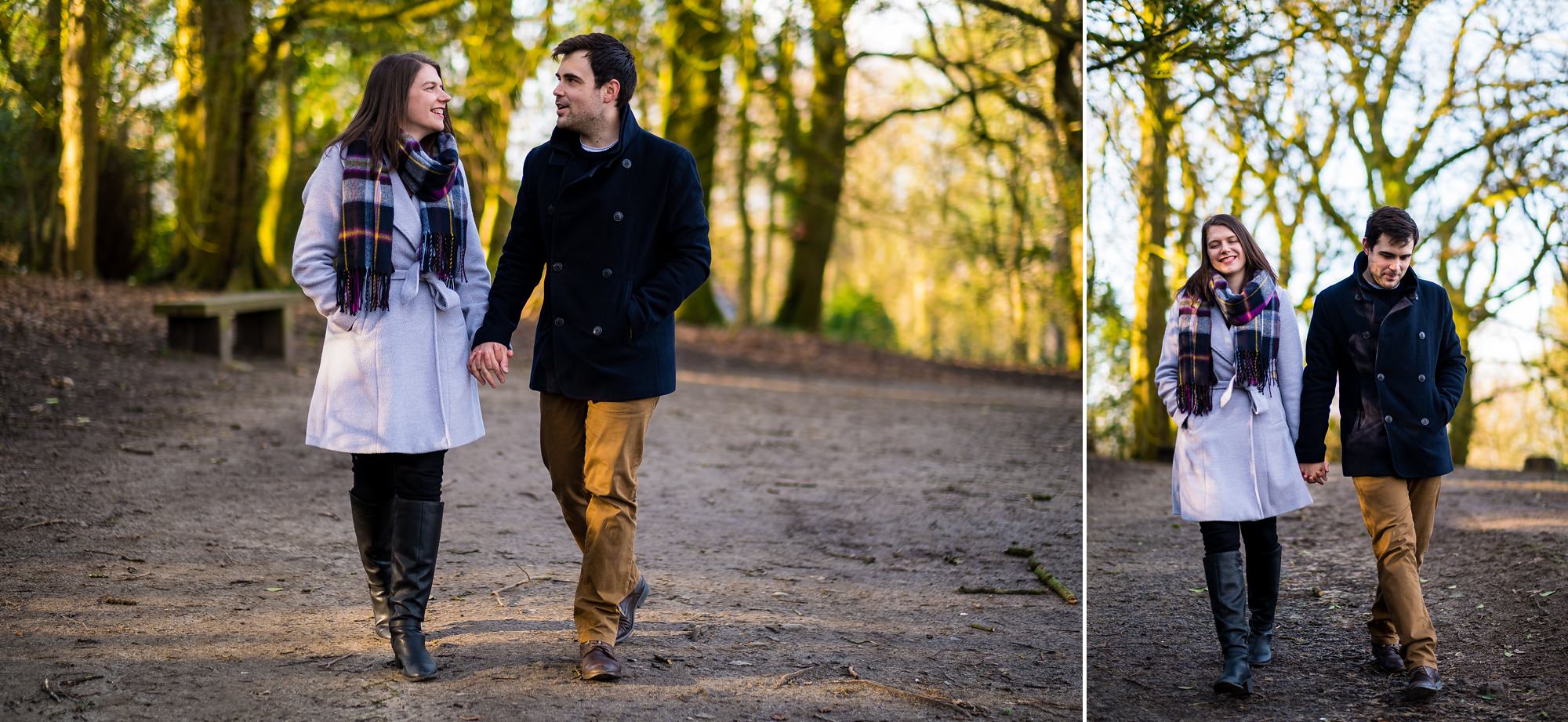 couple walking in woods