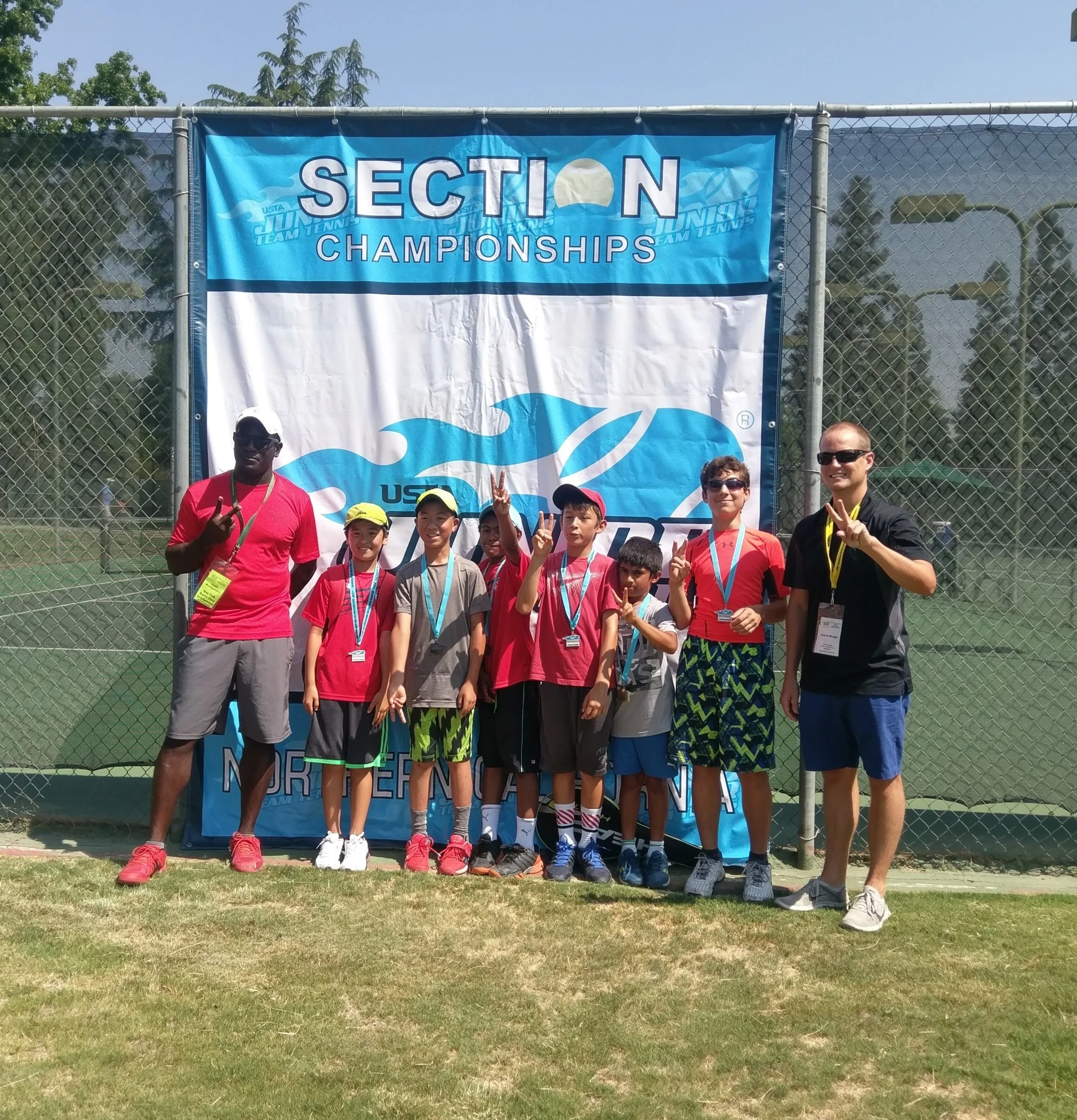 SUMMER 2016 BOYS 12'S ADVANCED TEAMfrom left to right: Coach Javon Montgomery, Tommy Kim, Brian Chen, Santiago Montgomery, David Budowski, Nikhil Srivasta, Andre Khemelniski, USTA Nor Cal JTT Specialist Darren Wenger