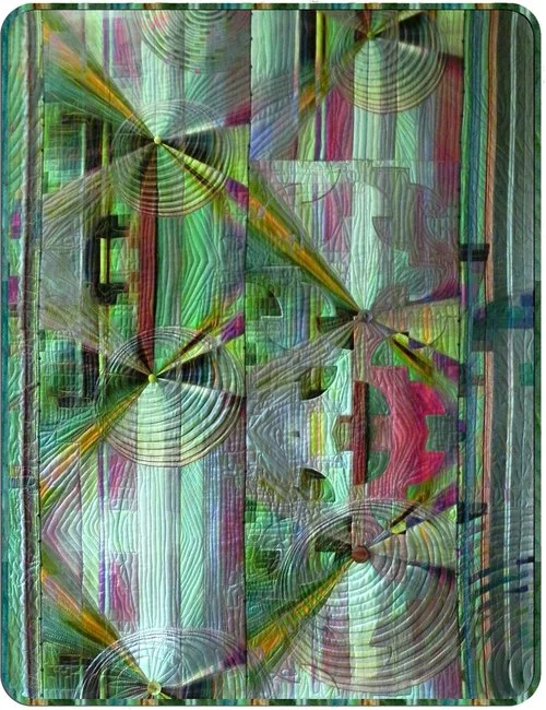 Paths , 2011, Gudny Campbell Silk charmeuse top, silk ribbon binding, silk batting, cotton backing, yarn, beads