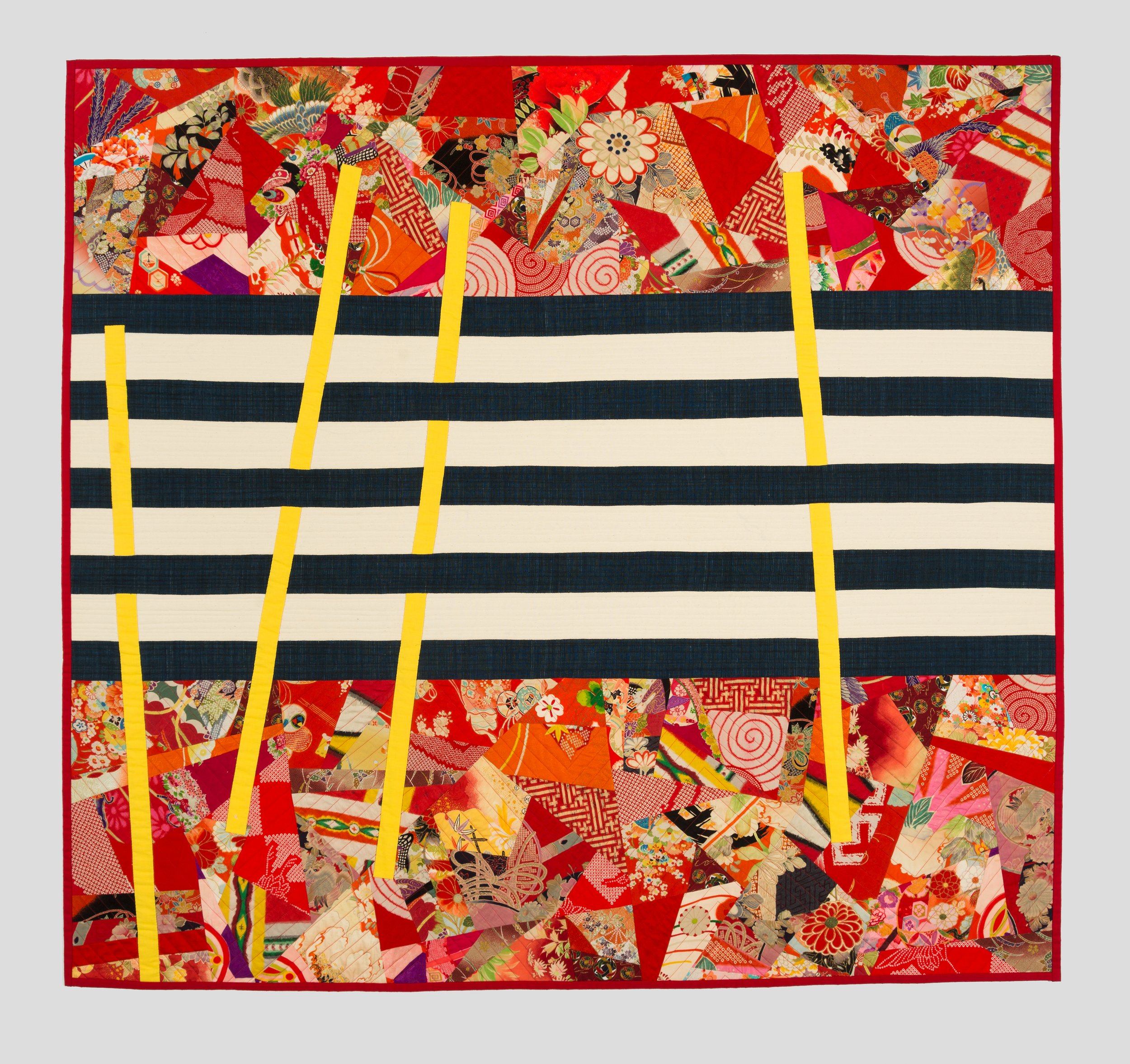 Jonathan Shannon, Exercise with Japanese Fabrics, blue and white stripes with yellow bars, 1994. Gift of Raymond Wayne Ross. 