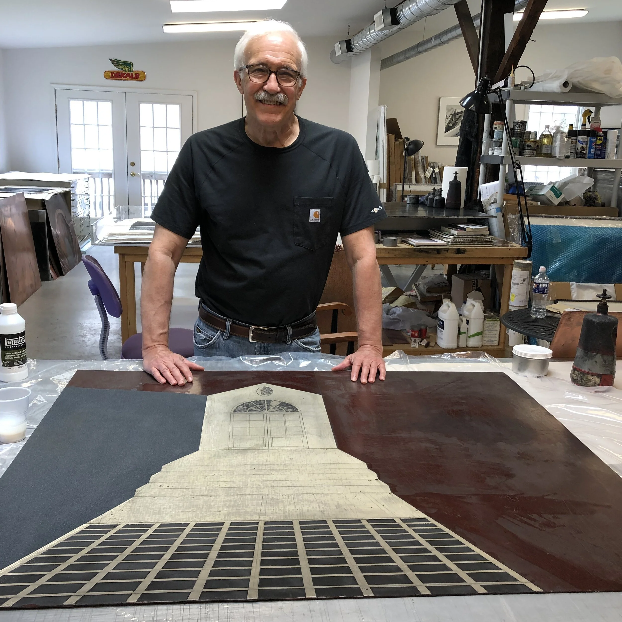 Evan in Studio 108 with “in progress” plate.