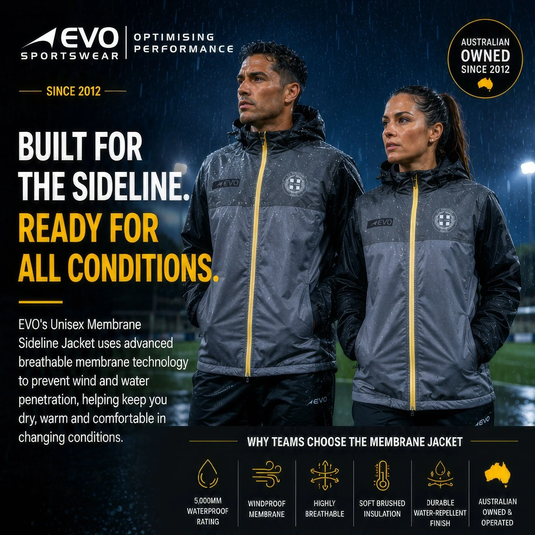 👌🏼 Built for the sideline. Ready for every condition. 🌧️⚡️

The EVO Membrane Sideline Jacket delivers waterproof protection, wind resistance and breathable warmth &mdash; keeping your team comfortable when the weather turns.

Stay dry. Stay warm. 