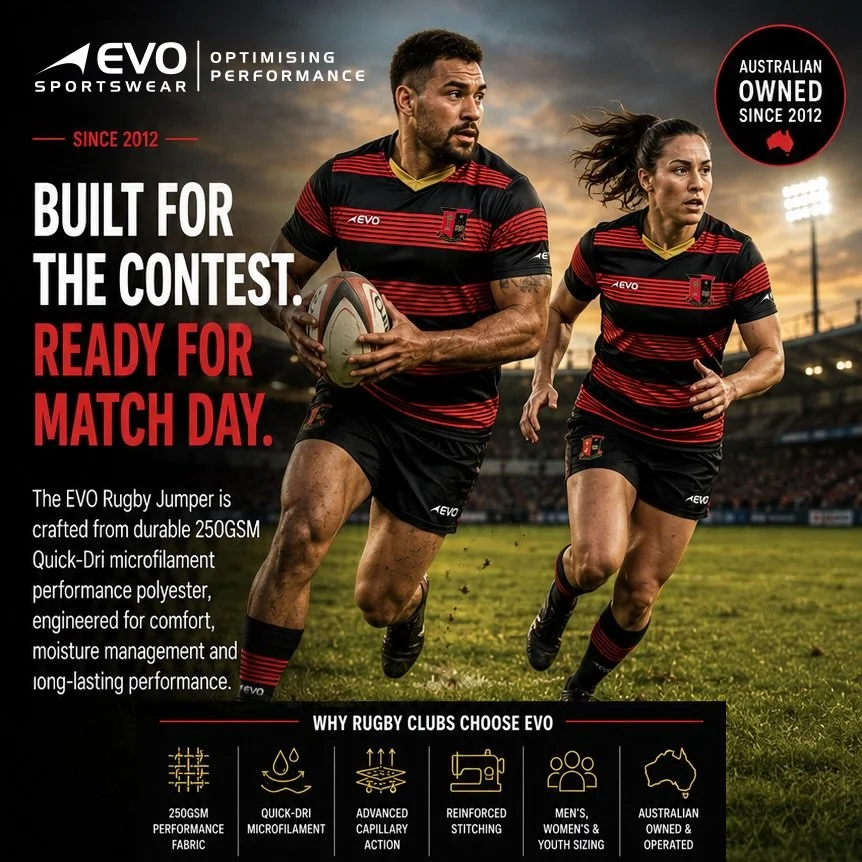 👌🏼 Built for the contest. Ready for match day. 🏉🔥

Engineered with 250GSM Quick-Dri performance fabric, reinforced stitching and advanced moisture management, EVO Rugby kits are made to perform from the first whistle to the final siren.

Custom t