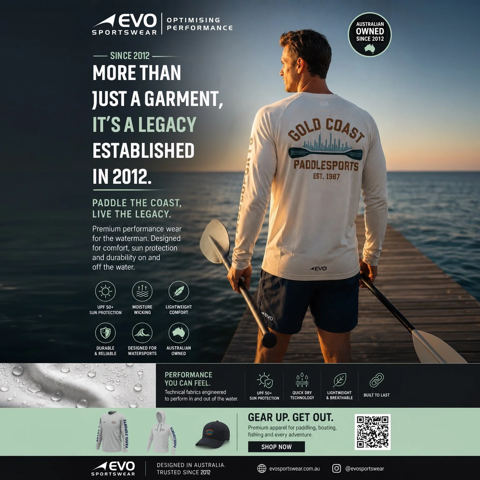 👌🏼 More than just a garment &mdash; it&rsquo;s a legacy. 🌊

Built for life on and off the water, EVO Sportswear delivers premium performance apparel designed for comfort, durability and every adventure ahead.

Paddle the coast. Live the legacy.
Au